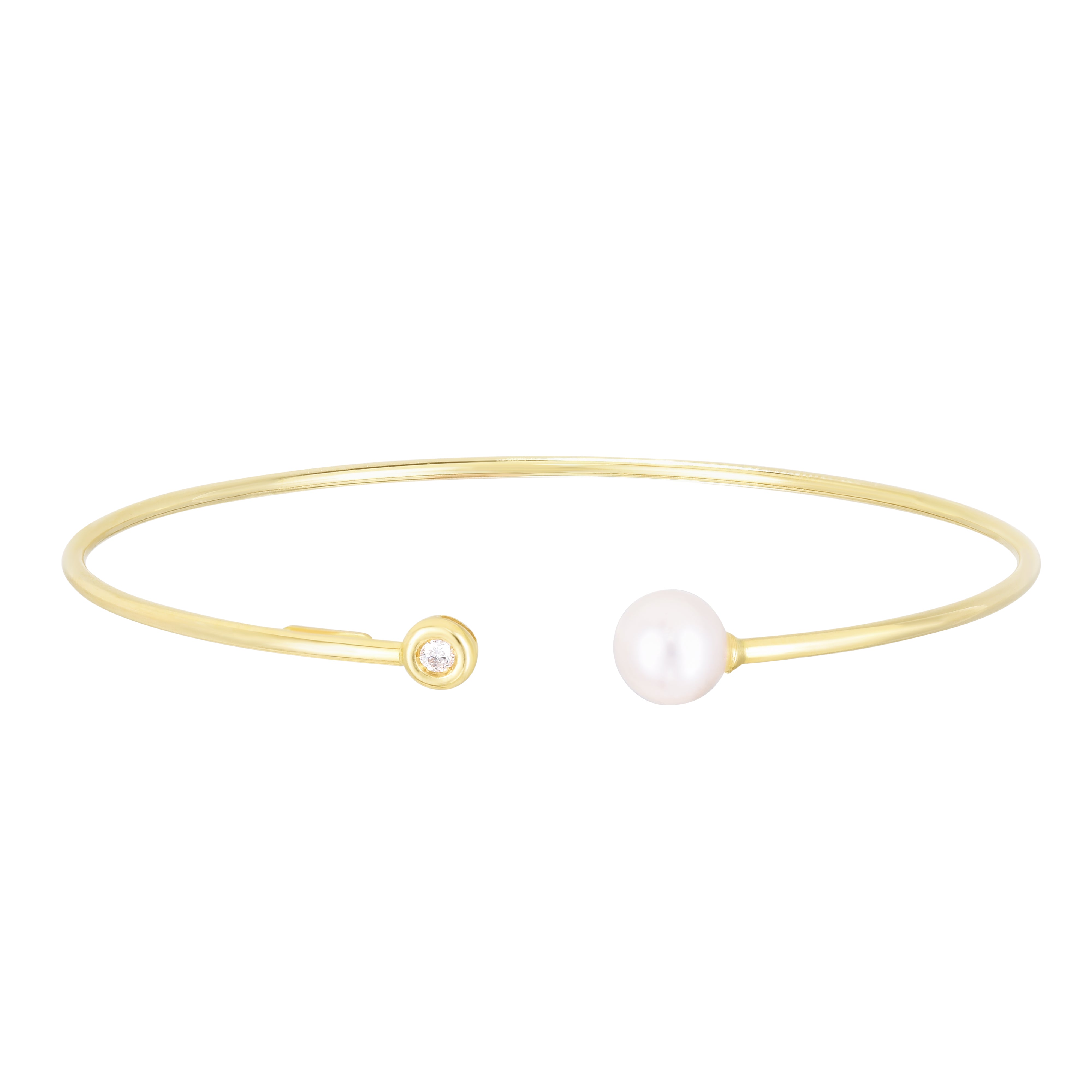 14K Yellow Gold 7mm Freshwater Pearl & .035ct Diamond Open Cuff Bangle