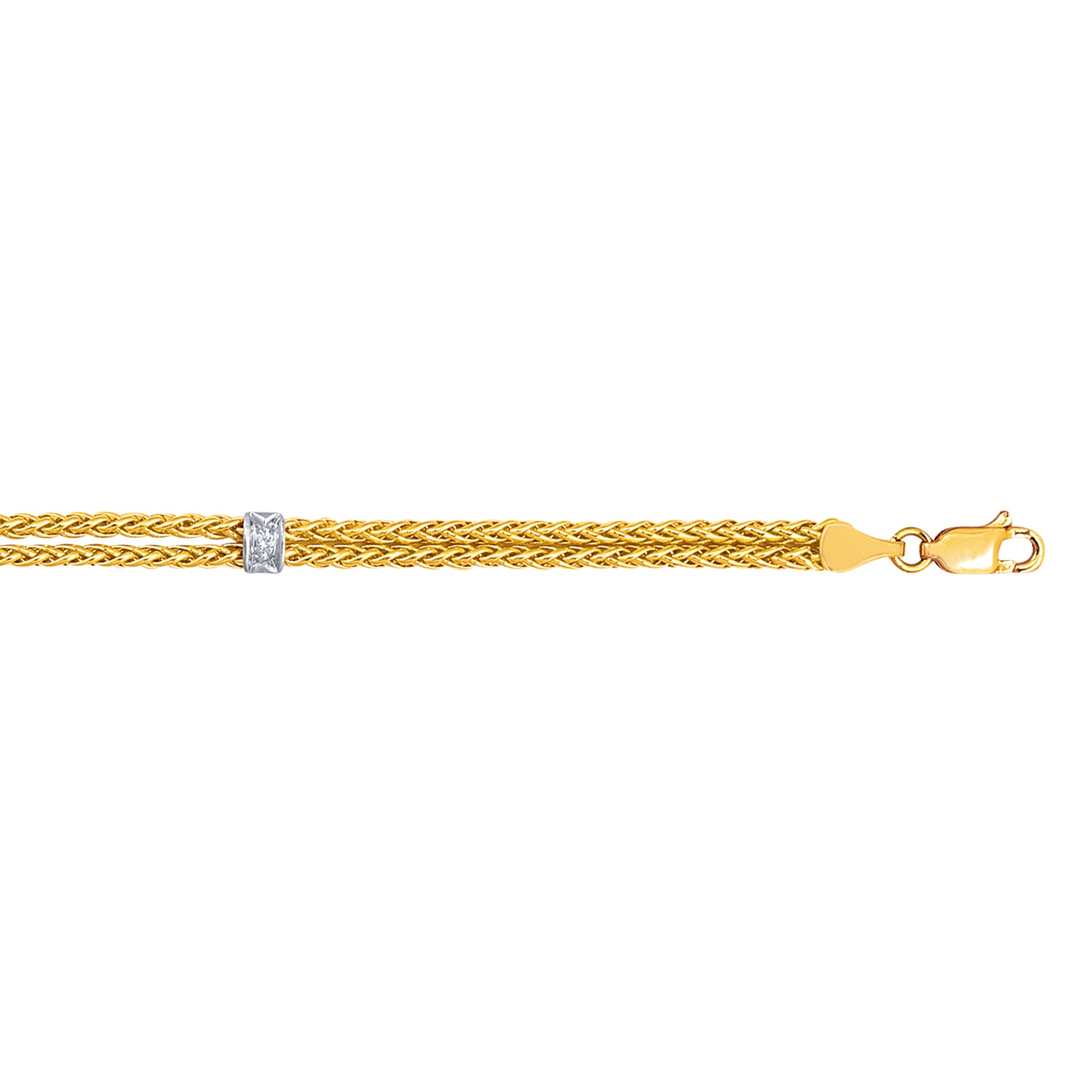 14K Yellow Gold 7.25" .03ct Diamond Station Wheat Chain Bracelet