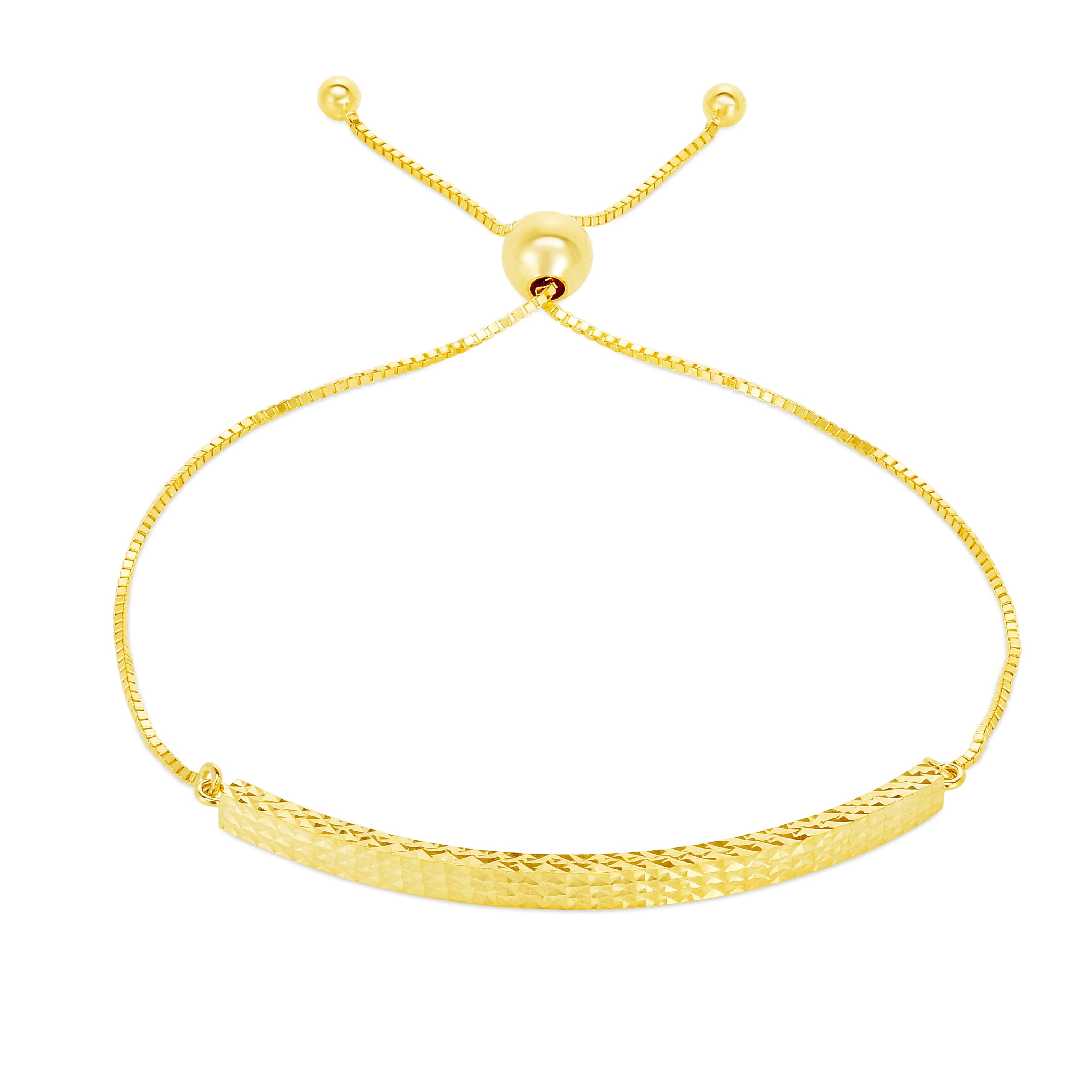 14K Yellow Gold 9.25" Diamond Cut Curved Bar Friendship Bracelet on 1mm Box Chain