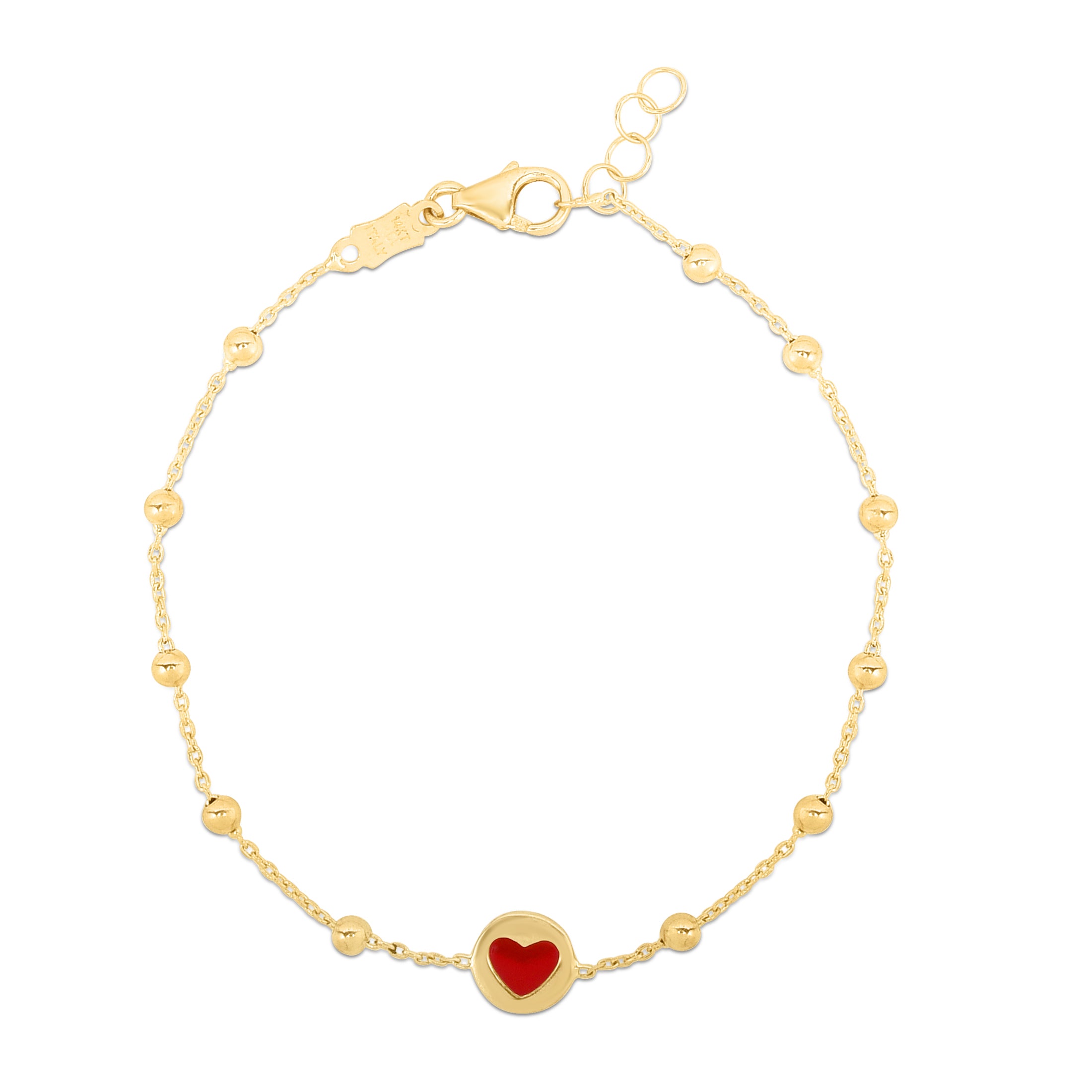 14K Yellow Gold 6" Children's Red Heart and Bead Bracelet