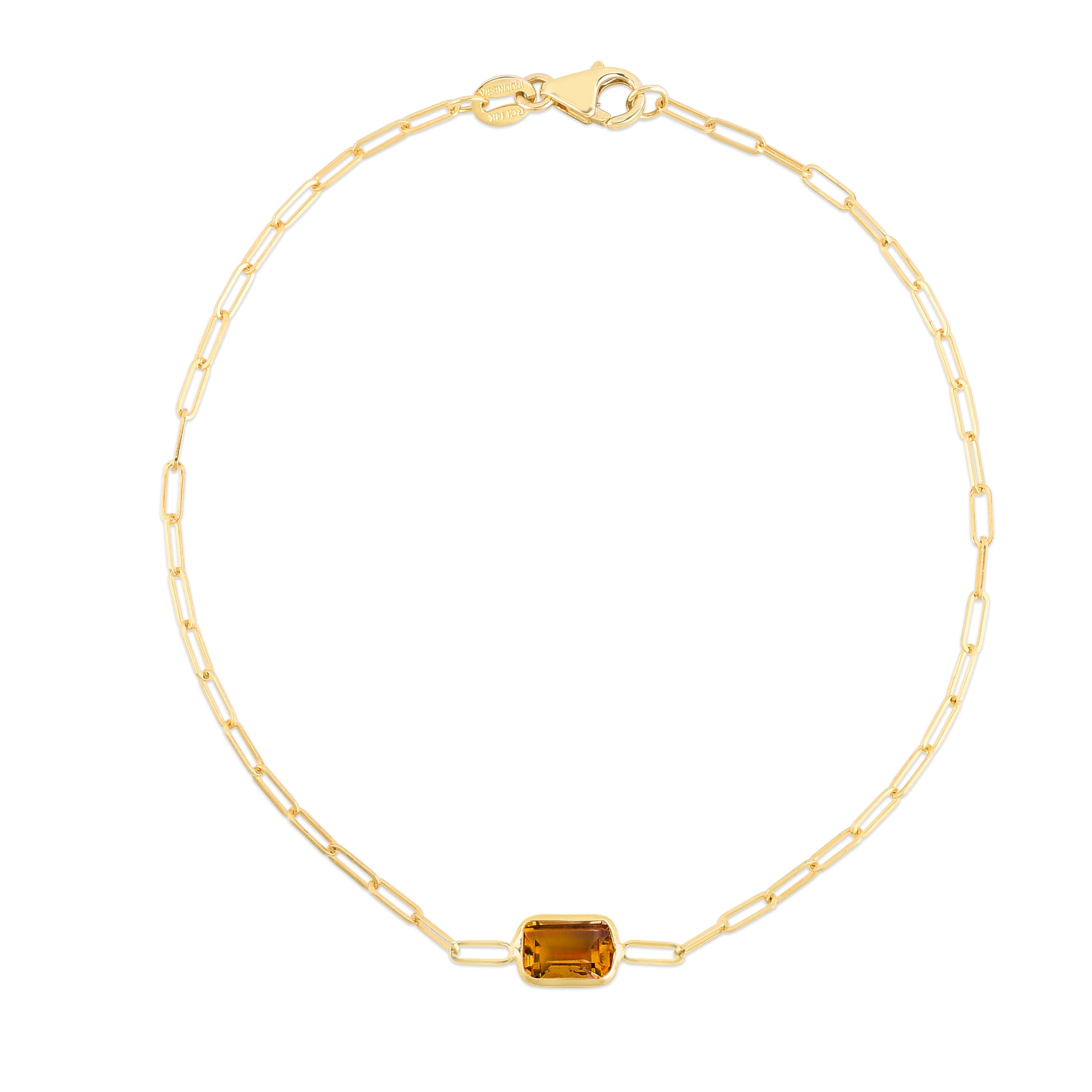 14K Yellow Gold 7" Gemstone Paperclip Bracelet with Lobster Clasp, featuring 6x4 baguette Citrine center element.