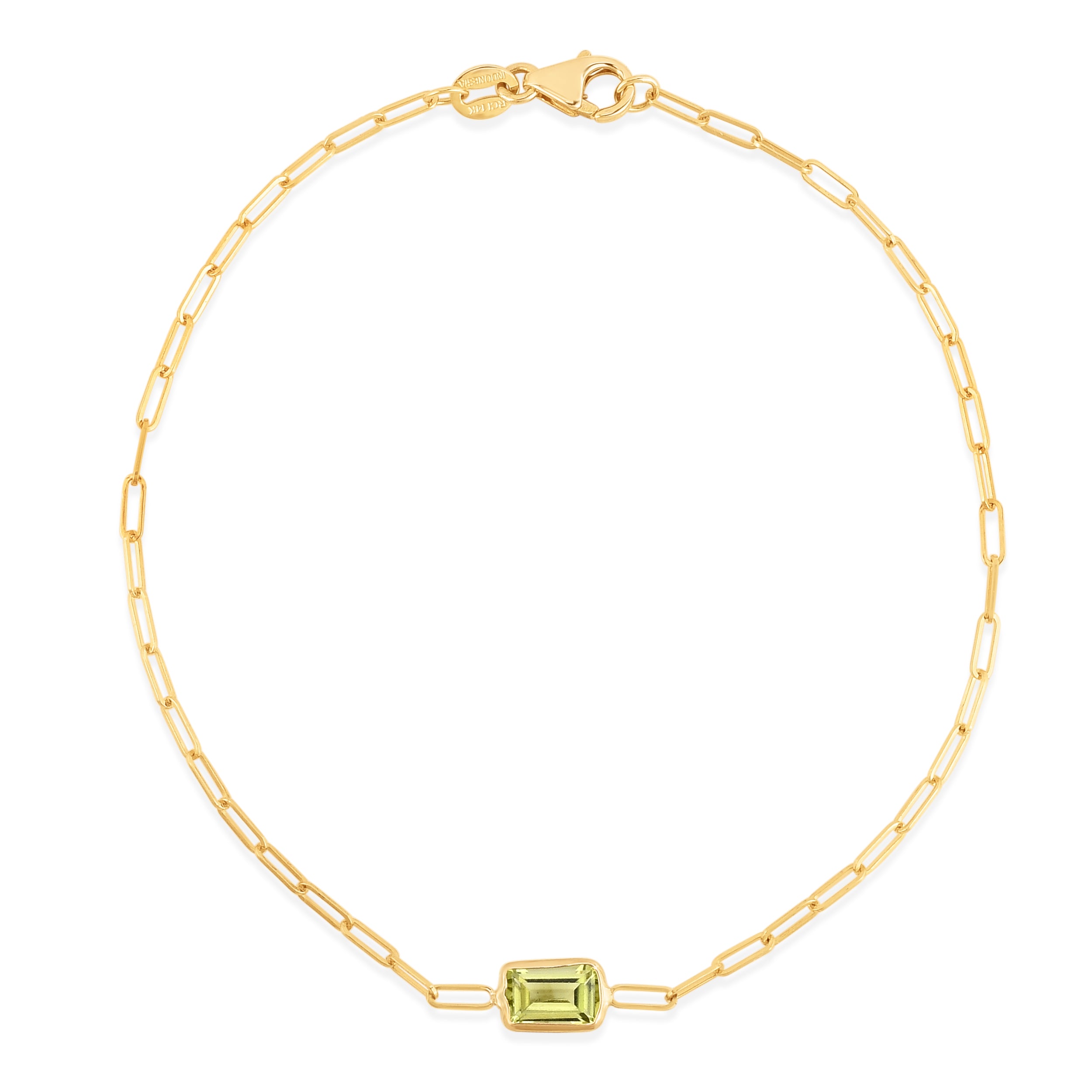 14K Yellow Gold 7" Gemstone Paperclip Bracelet with Lobster Clasp, featuring 6x4 baguette Peridot center element.