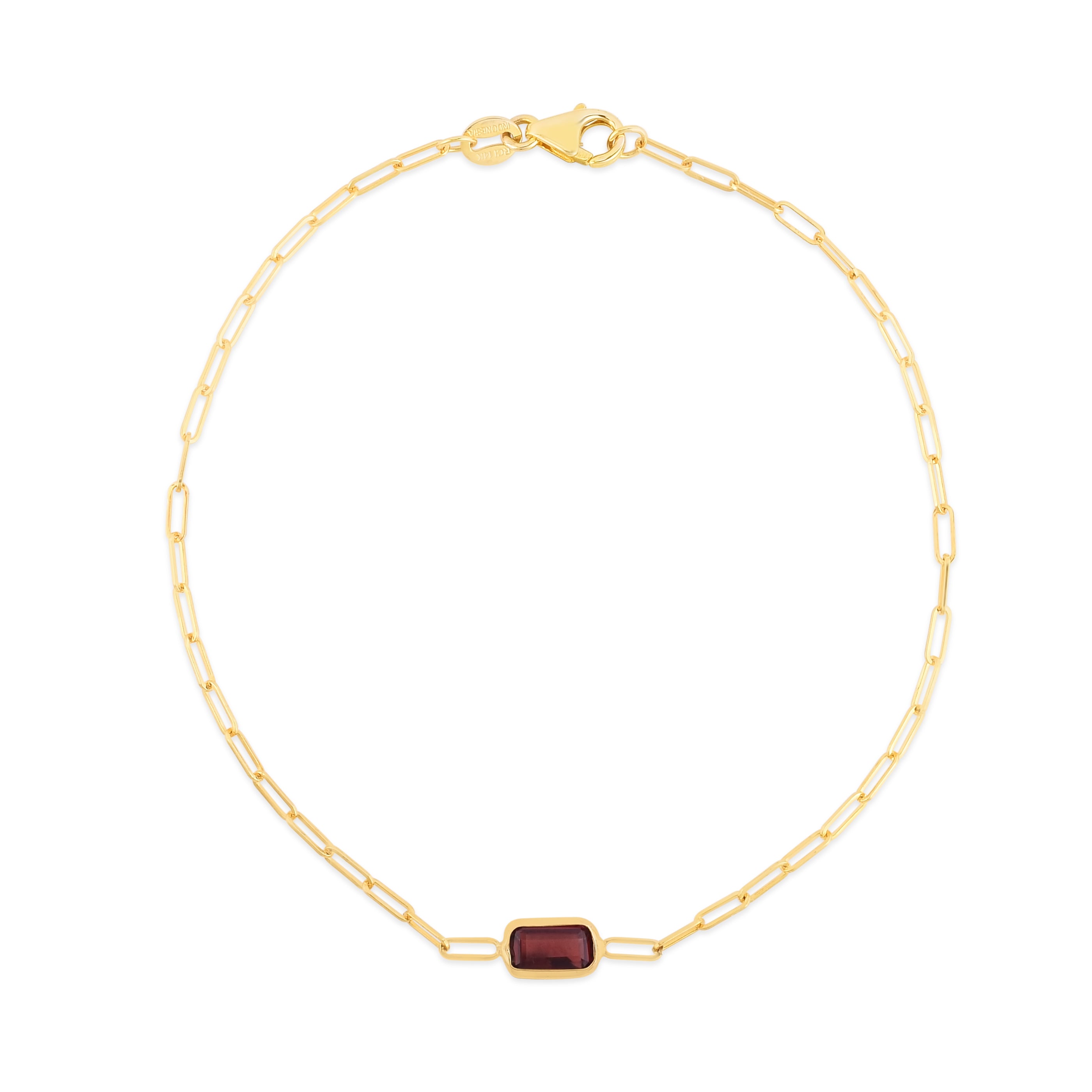 14K Yellow Gold 7" Gemstone Paperclip Bracelet with Lobster Clasp, featuring 6x4 baguette Garnet center element.