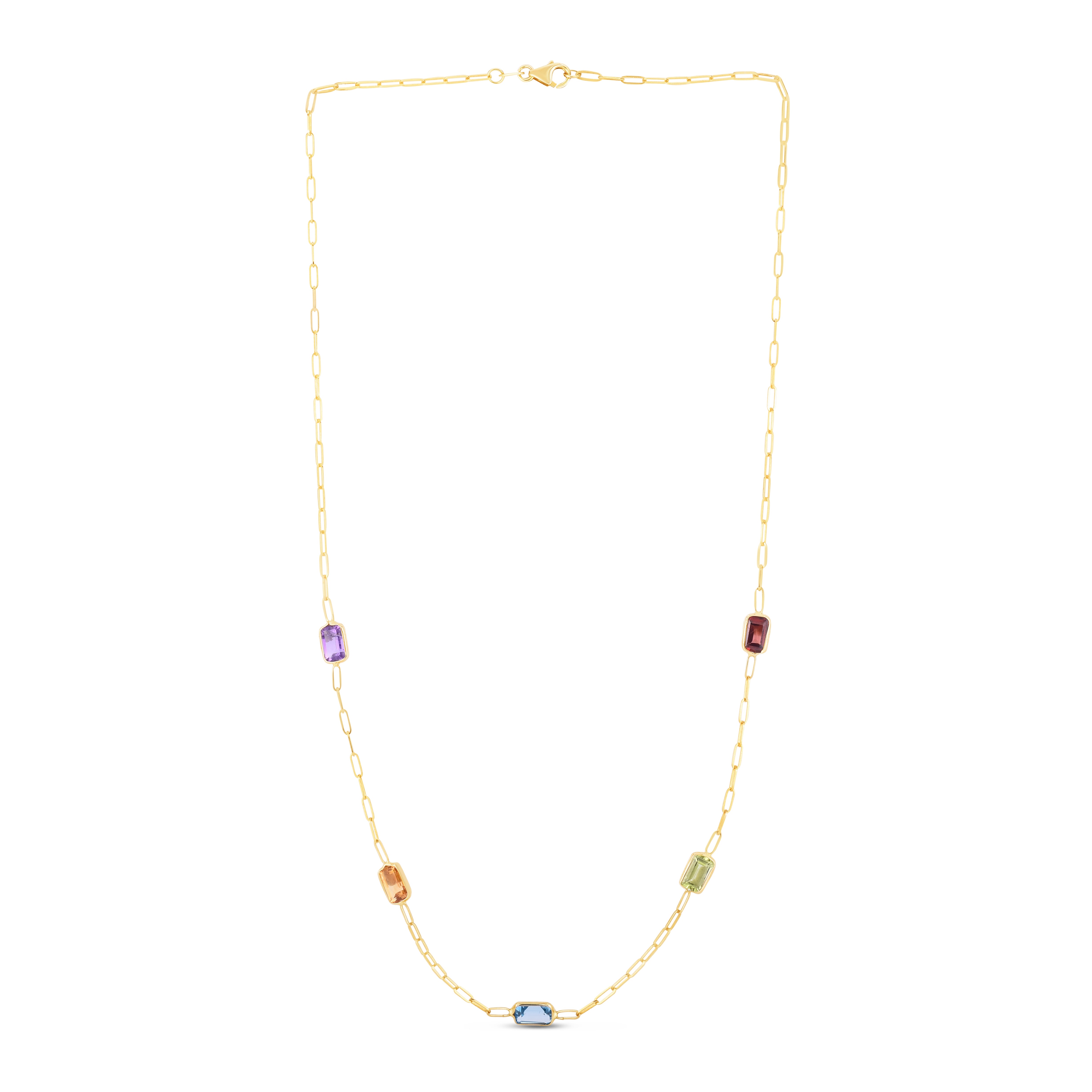 14K Yellow Gold 7" Multi-Gemstone Paperclip Chain Bracelet with Lobster Clasp. Chain contains 6x4mm Baguette Garnet, Peridot, Blue Topaz, Citrine, and Amethyst.