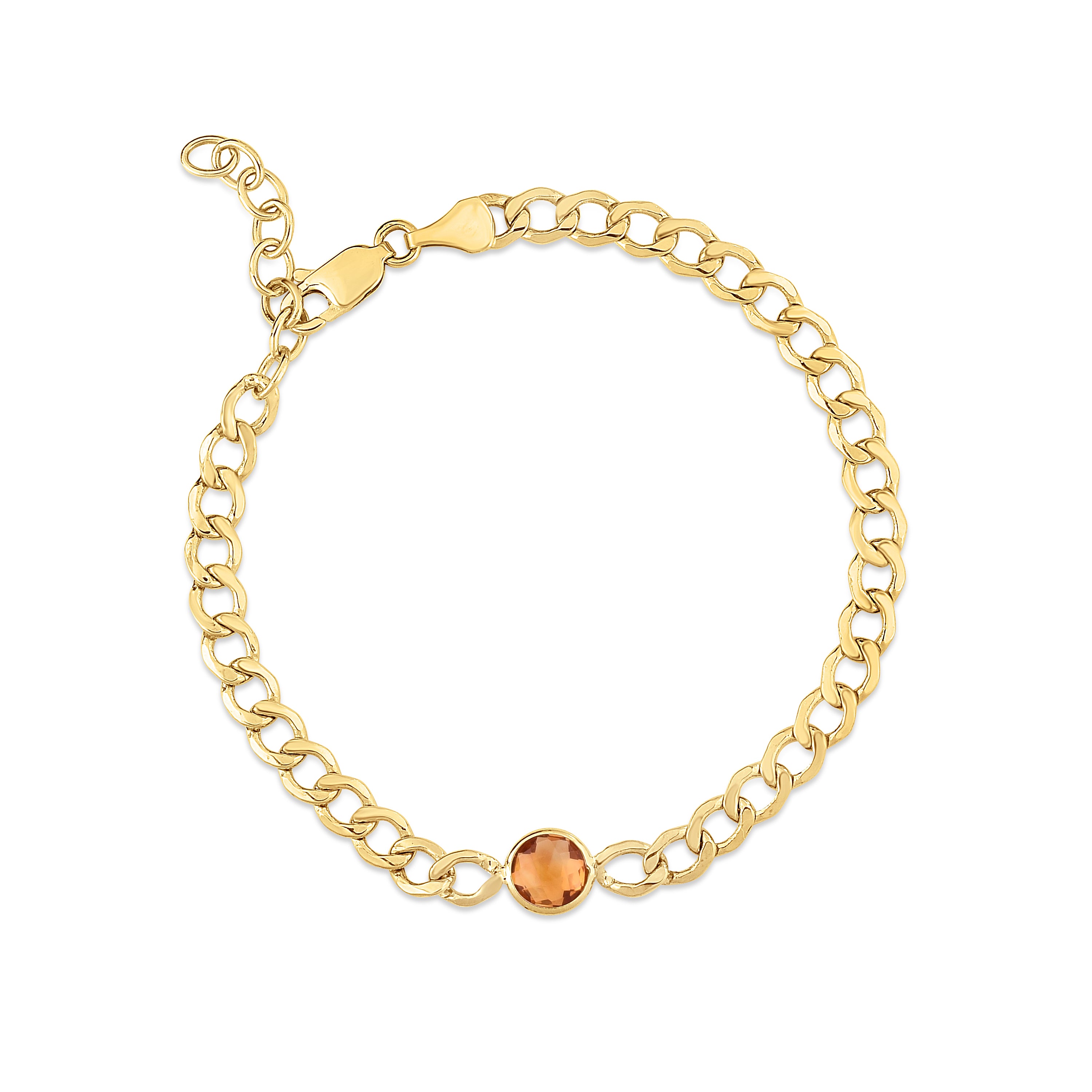 14K Yellow Gold 6mm Round Citrine Curb Chain 7.25" Bracelet with Lobster Clasp, and including 1" Extender.