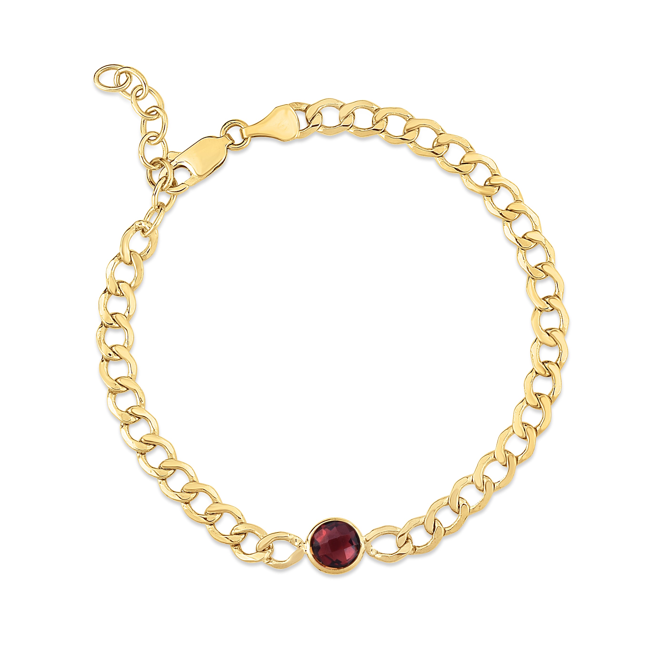 14K Yellow Gold 6mm Garnet Curb Chain 7.25" Bracelet with Lobster Clasp, and including 1" Extender. 