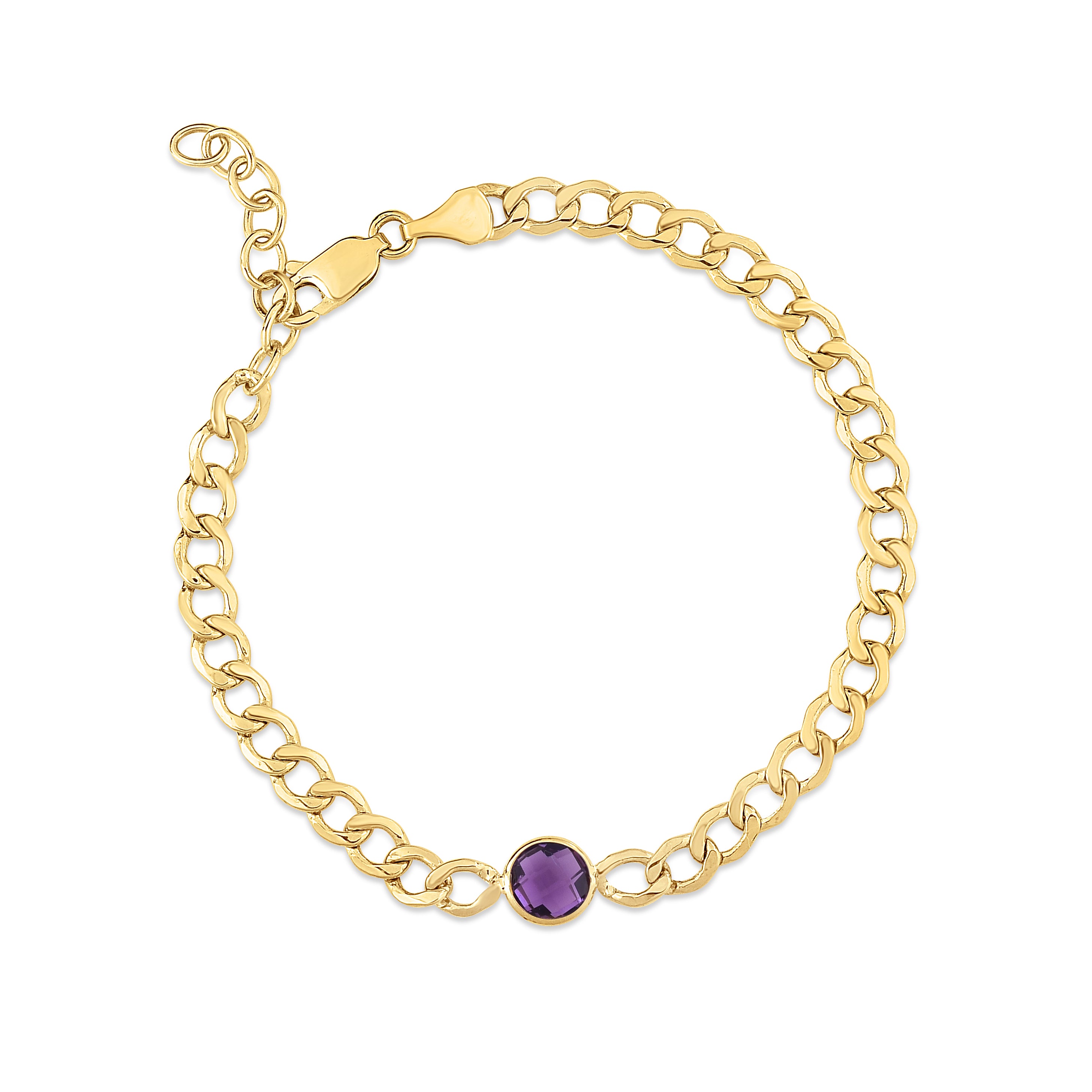 14K Yellow Gold 6mm Amethyst Curb Chain 7.25" Bracelet with Lobster Clasp, and including 1" Extender. 