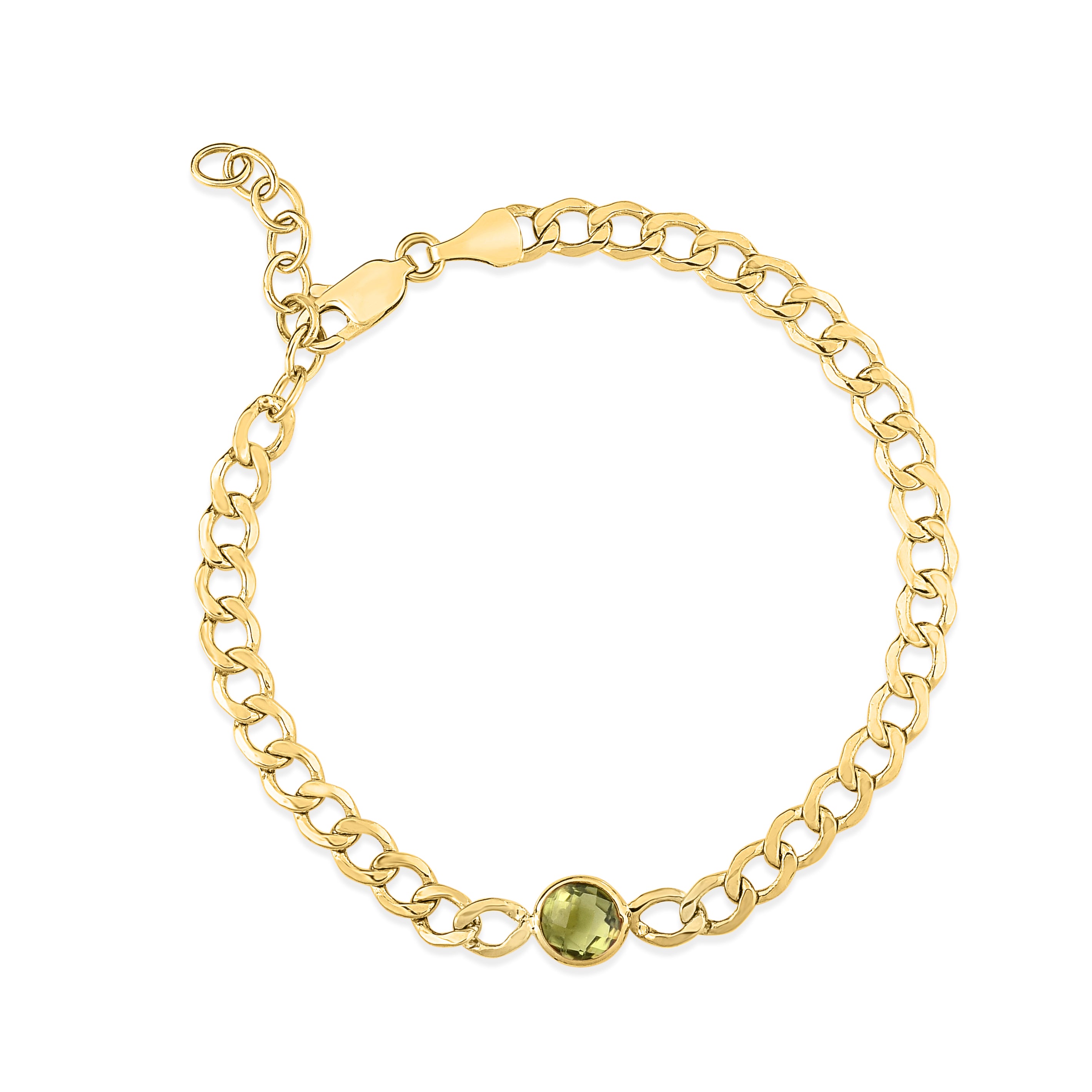 14K Yellow Gold 6mm Peridot Curb Chain 7.25" Bracelet with Lobster Clasp, and including 1" Extender. 