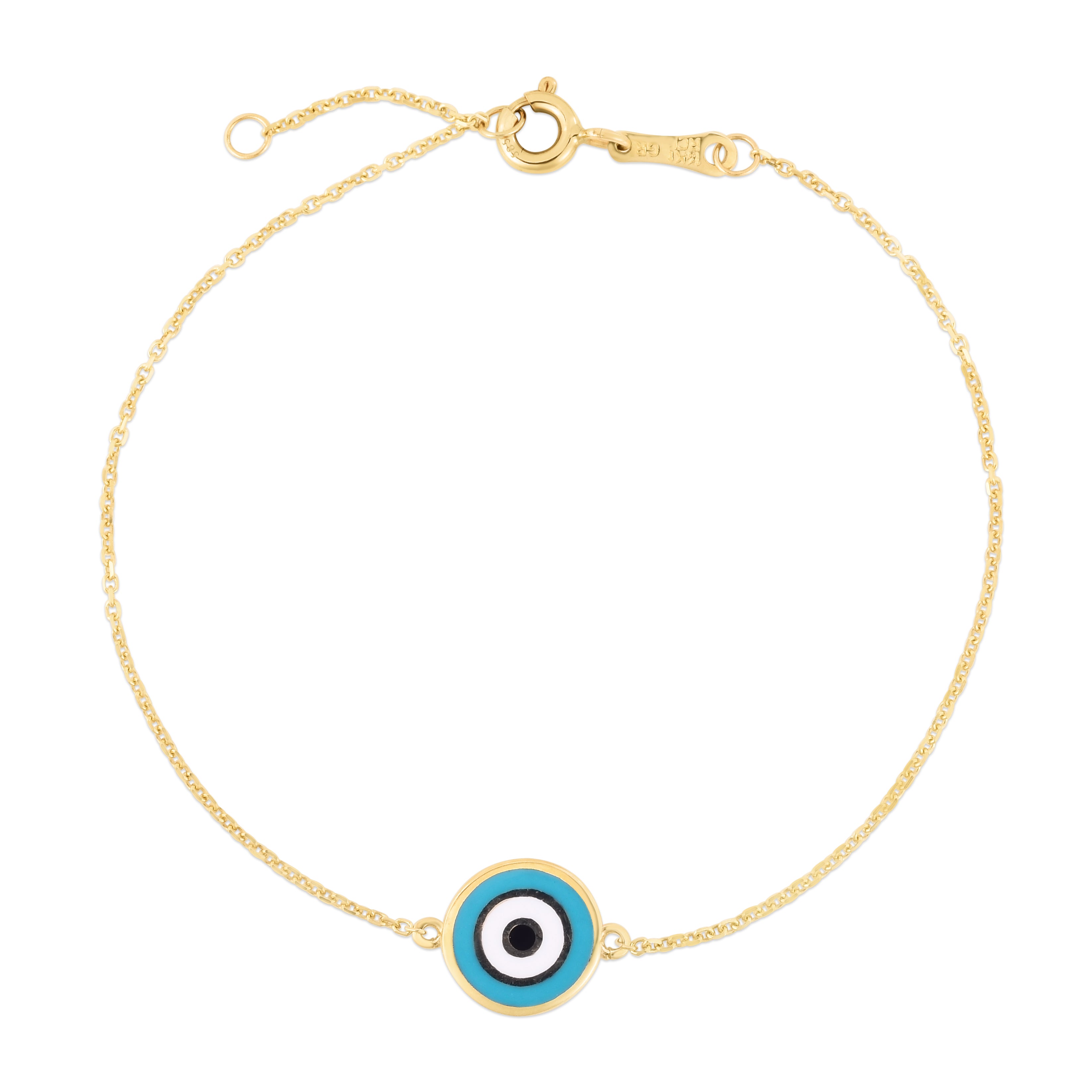 14K 7" Yellow Gold Round Blue Enamel Evil Eye Bracelet with Spring Ring Clasp. Jump ring at 6.25"