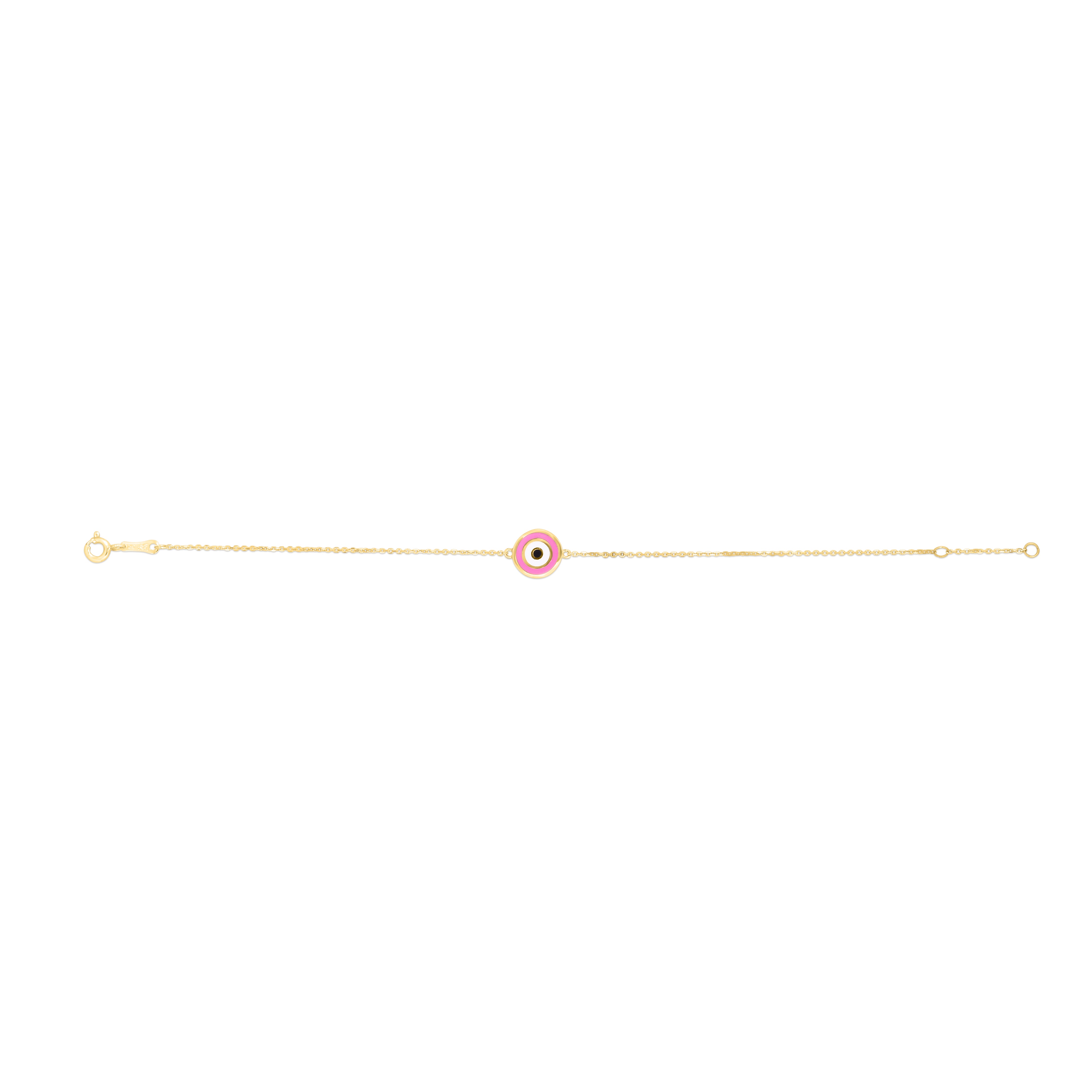 14K 7" Yellow Gold Round Pink Enamel Evil Eye Bracelet with Spring Ring Clasp. Jump ring at 6.25"