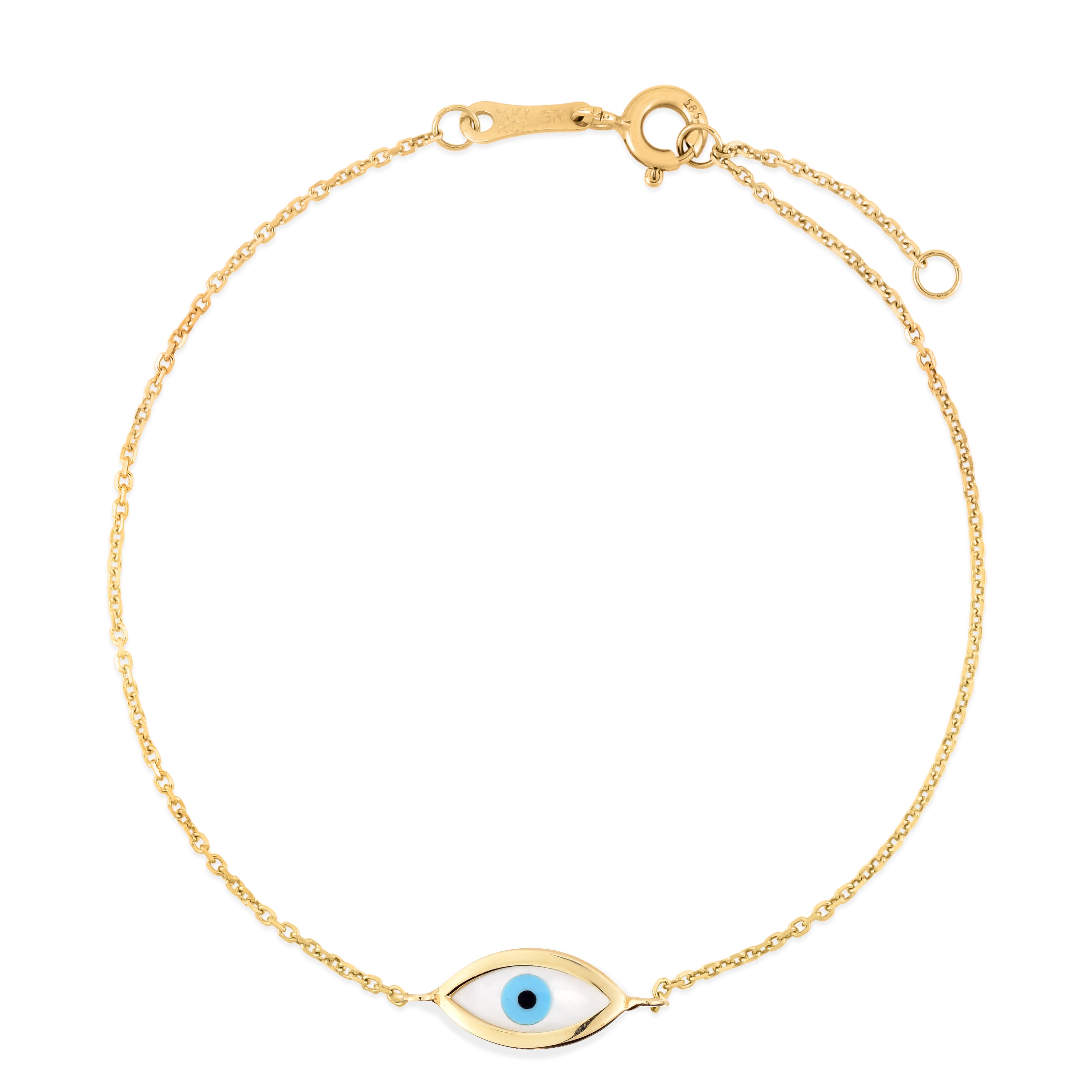 14K 7" Yellow Gold Almond Shape Enamel Evil Eye Bracelet with Mother of Pearl and Spring Ring Clasp. Jump ring at 6.25"