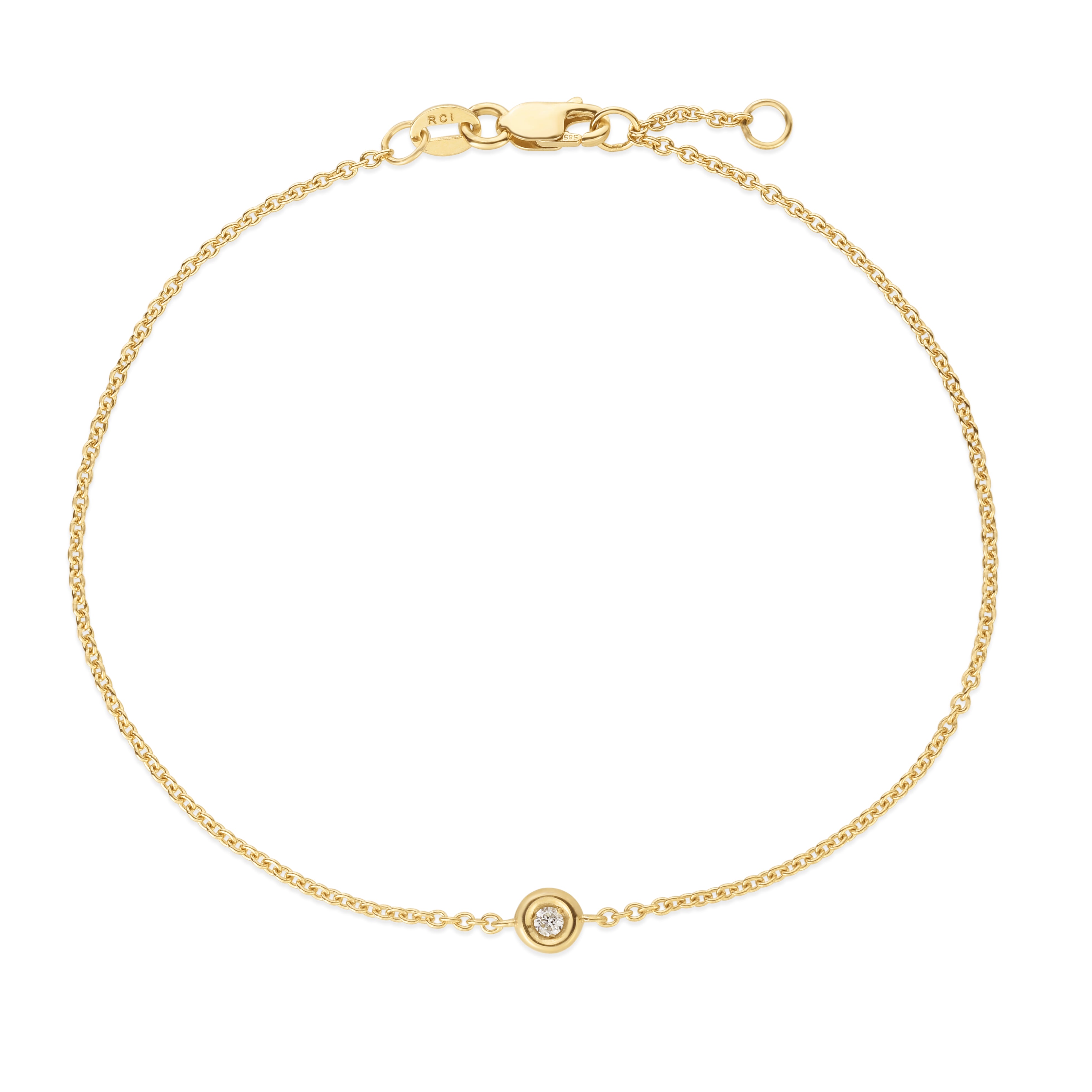 14K Yellow Gold .02ct Diamond Solitaire 7" Bracelet with Lobster Clasp. Includes 6.5" extender.