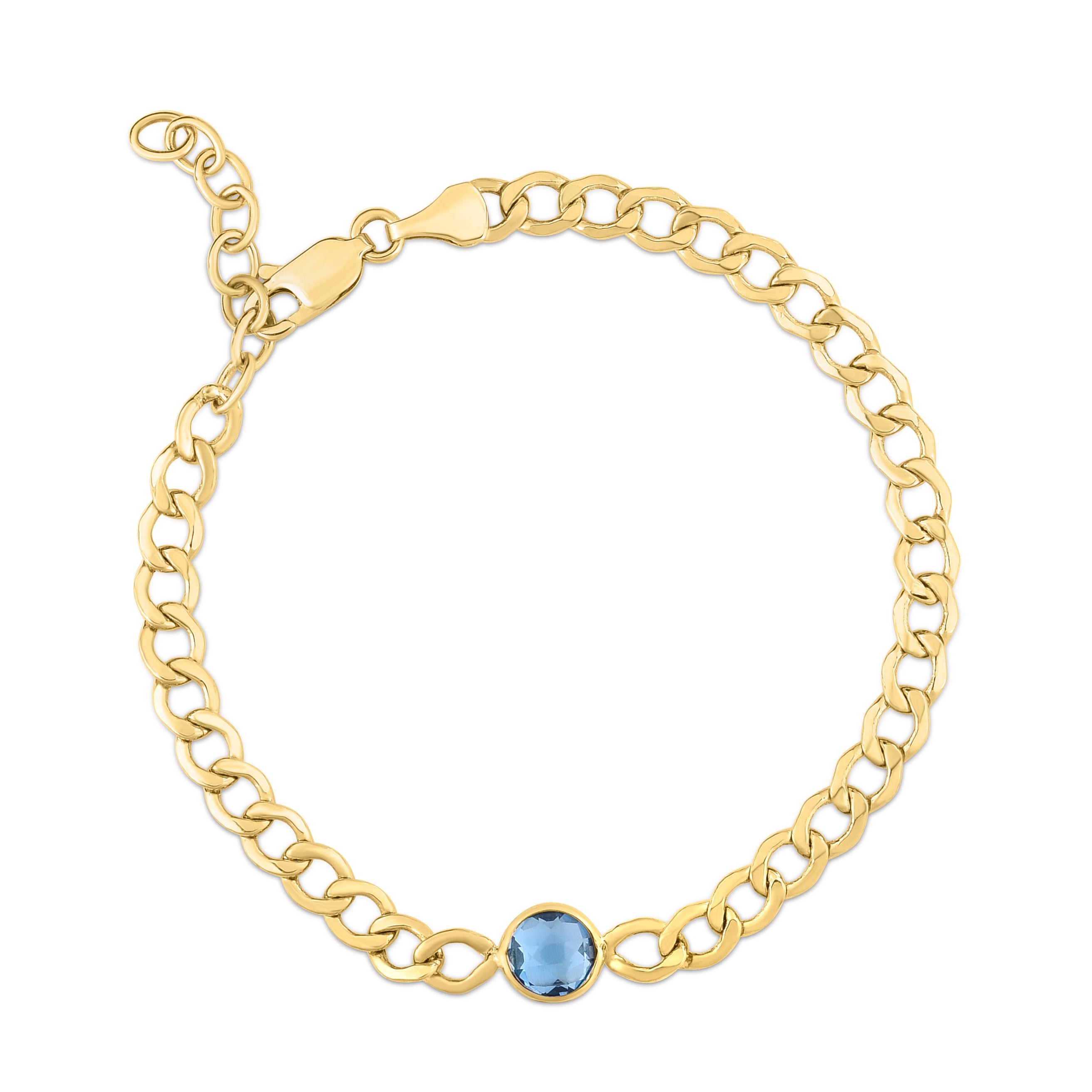 14K Yellow Gold 6mm Round Blue Topaz Curb Chain 7.25" Bracelet with Lobster Clasp, and including 1" Extender.