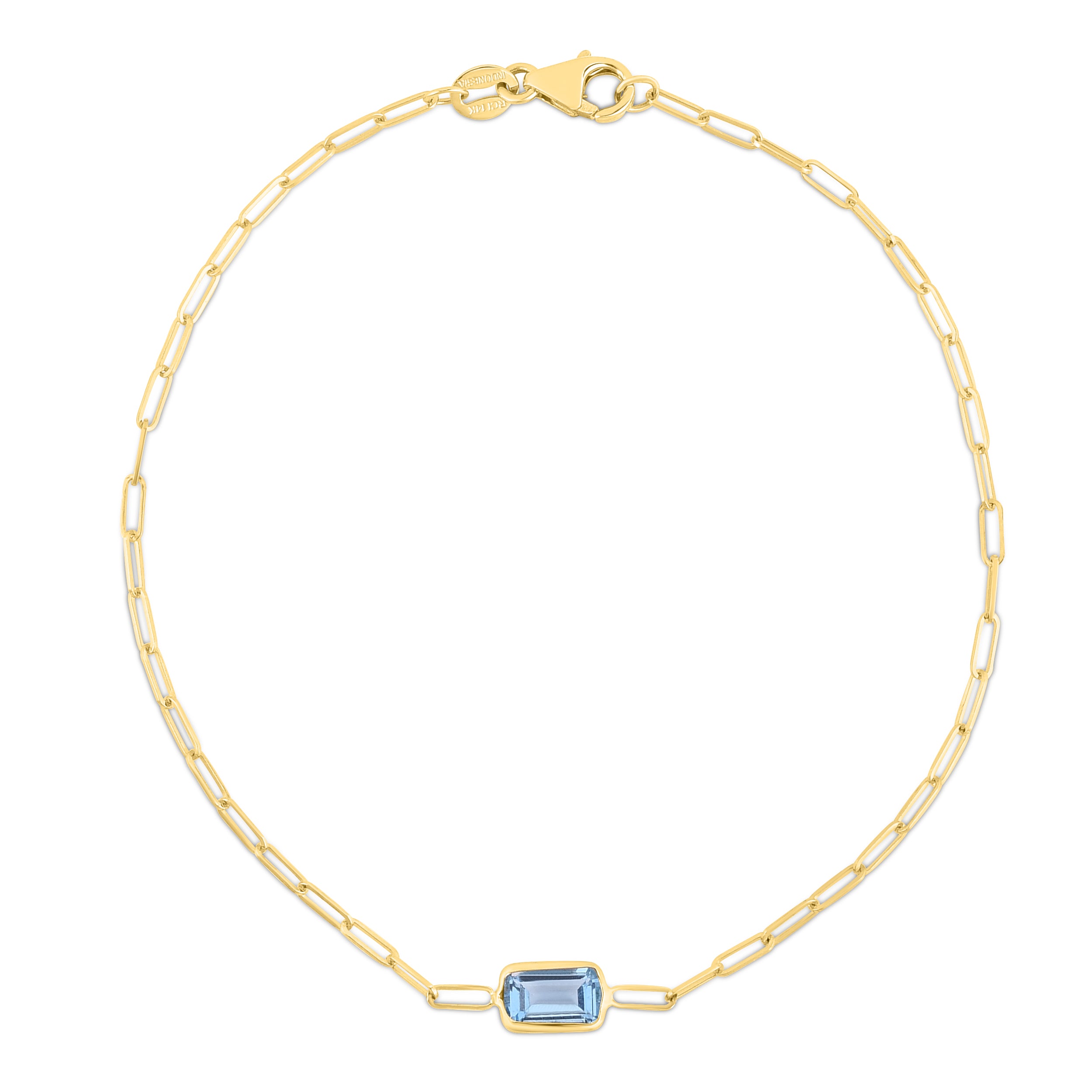 14K Yellow Gold 7" Gemstone Paperclip Bracelet with Lobster Clasp, featuring 6x4 baguette Blue Topaz center element.