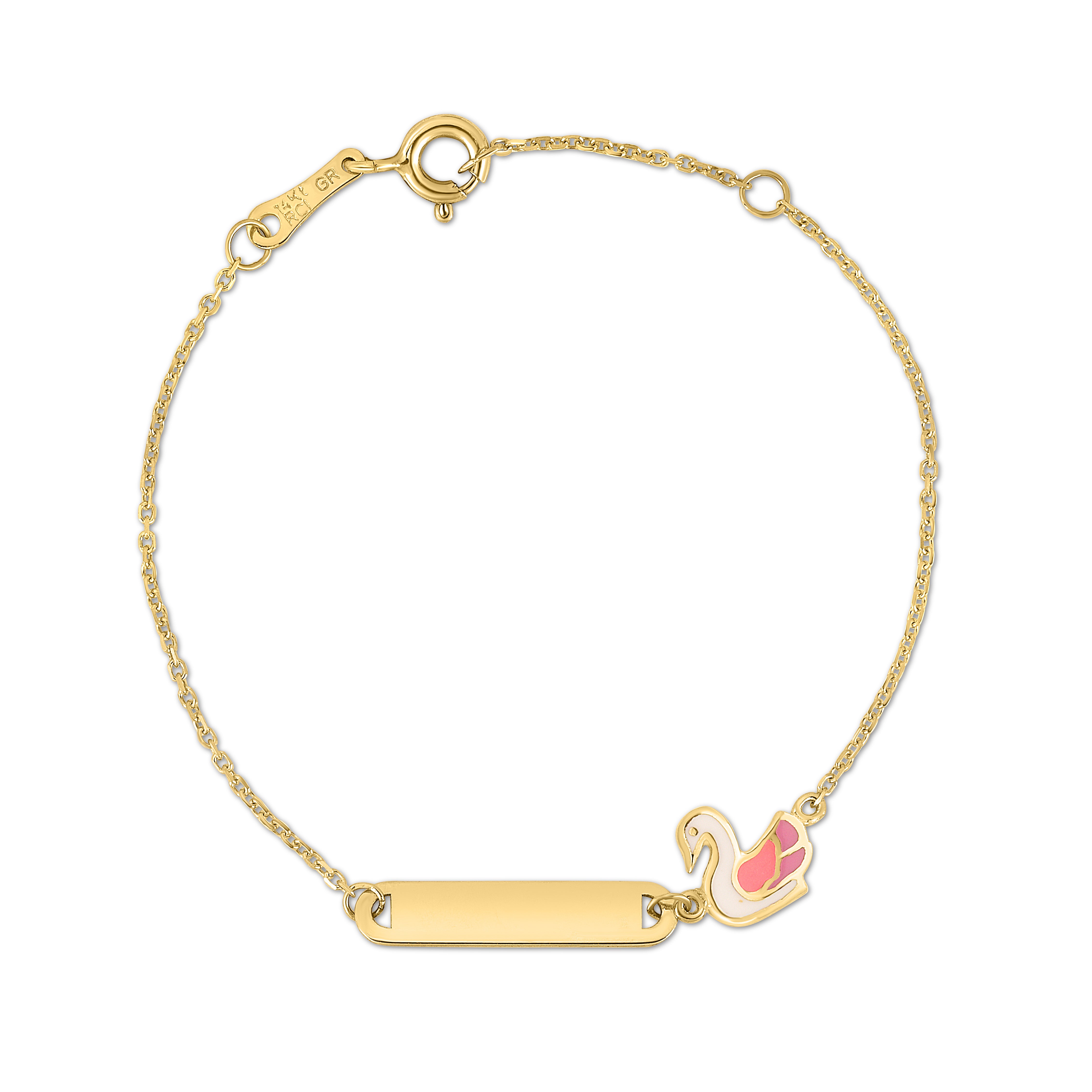 14K Yellow Gold 5.5" Polished Name Plate & Enamel Swan Bracelet with Spring Ring Clasp. Jump ring at 4.75"