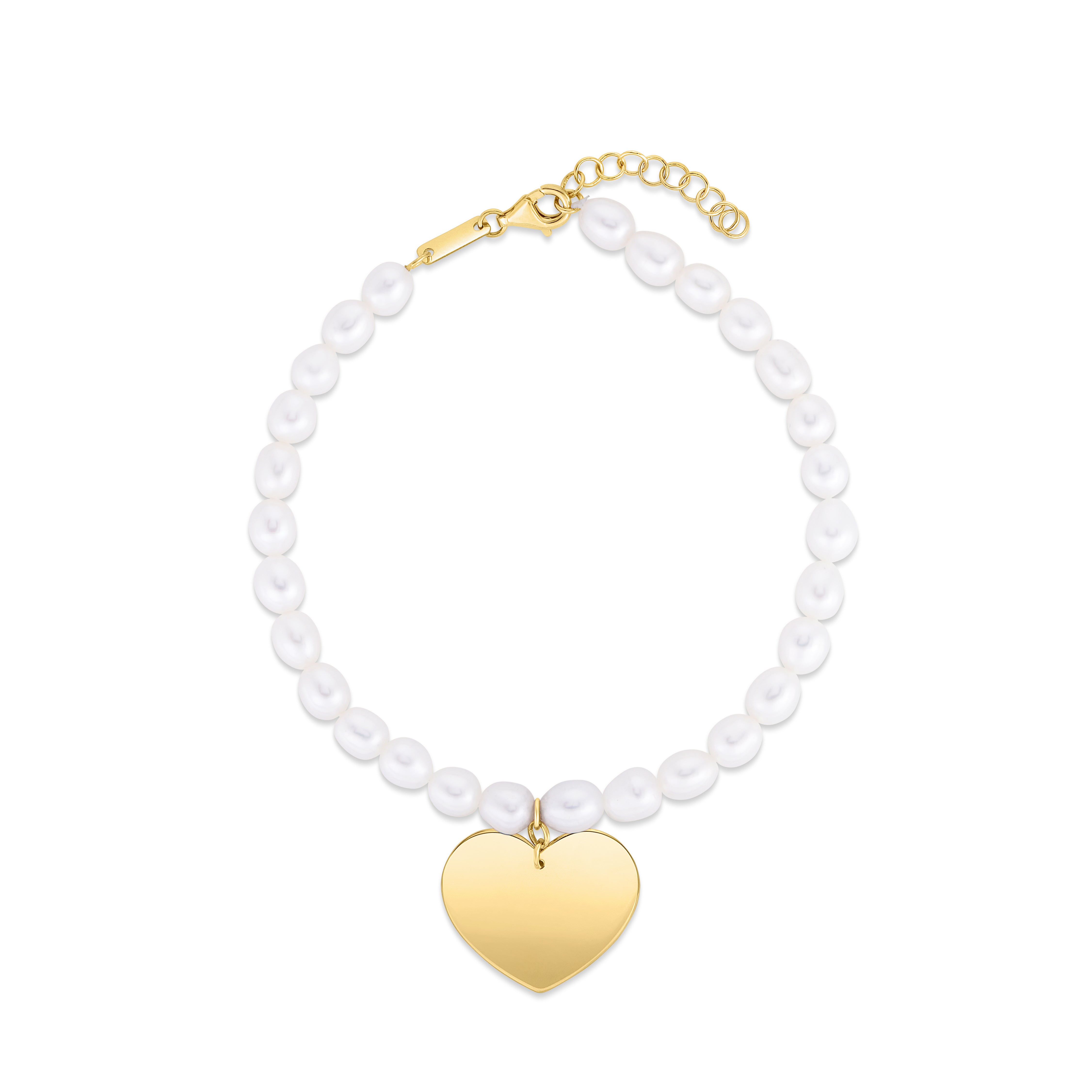 14K Yellow Gold 5.5mm Pearl Heart Charm 8" Bracelet with Lobster Clasp. Includes .75" extender