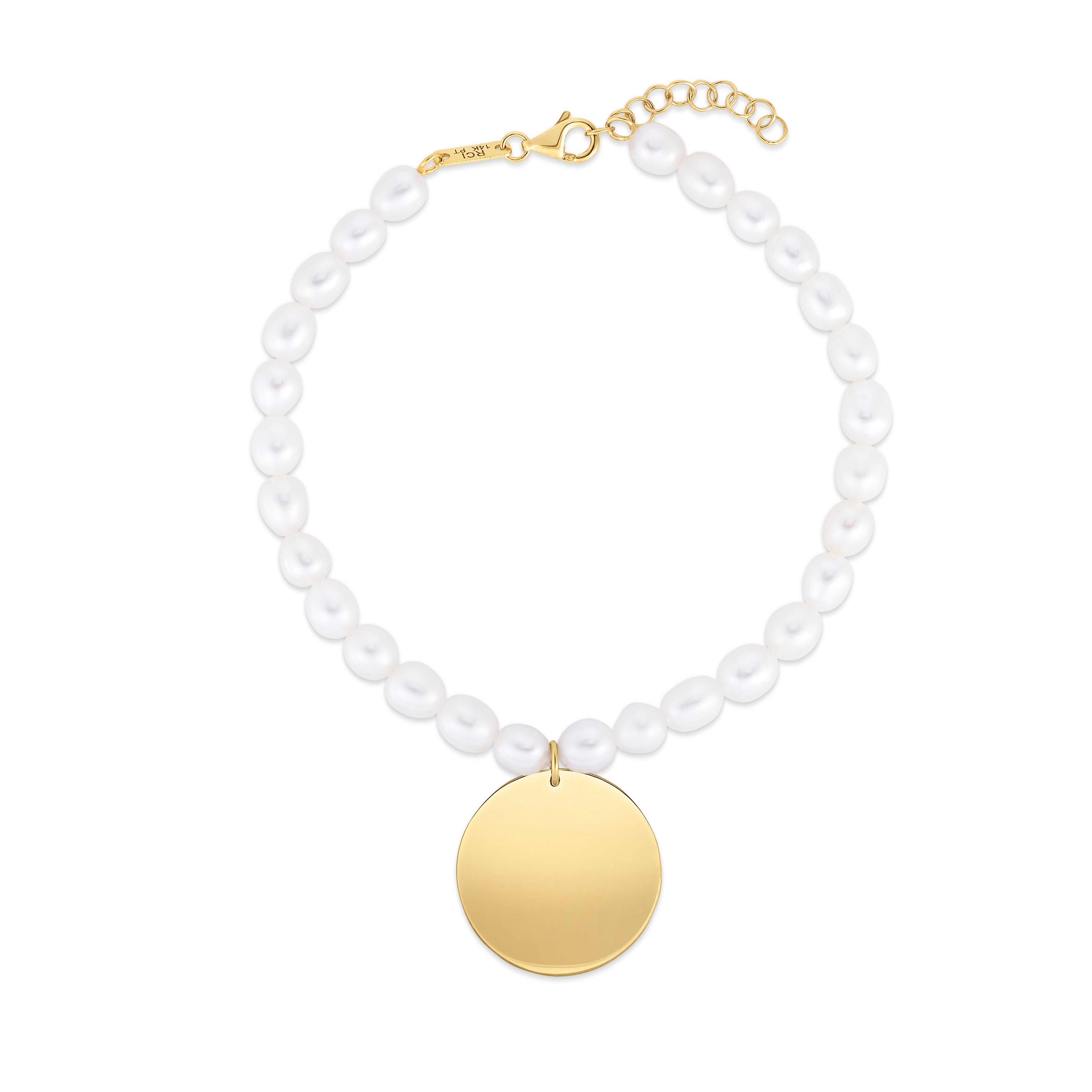 14K Yellow Gold 5.5mm Pearl Heart Circle Charm 8" Bracelet with Lobster Clasp. Includes .75" extender