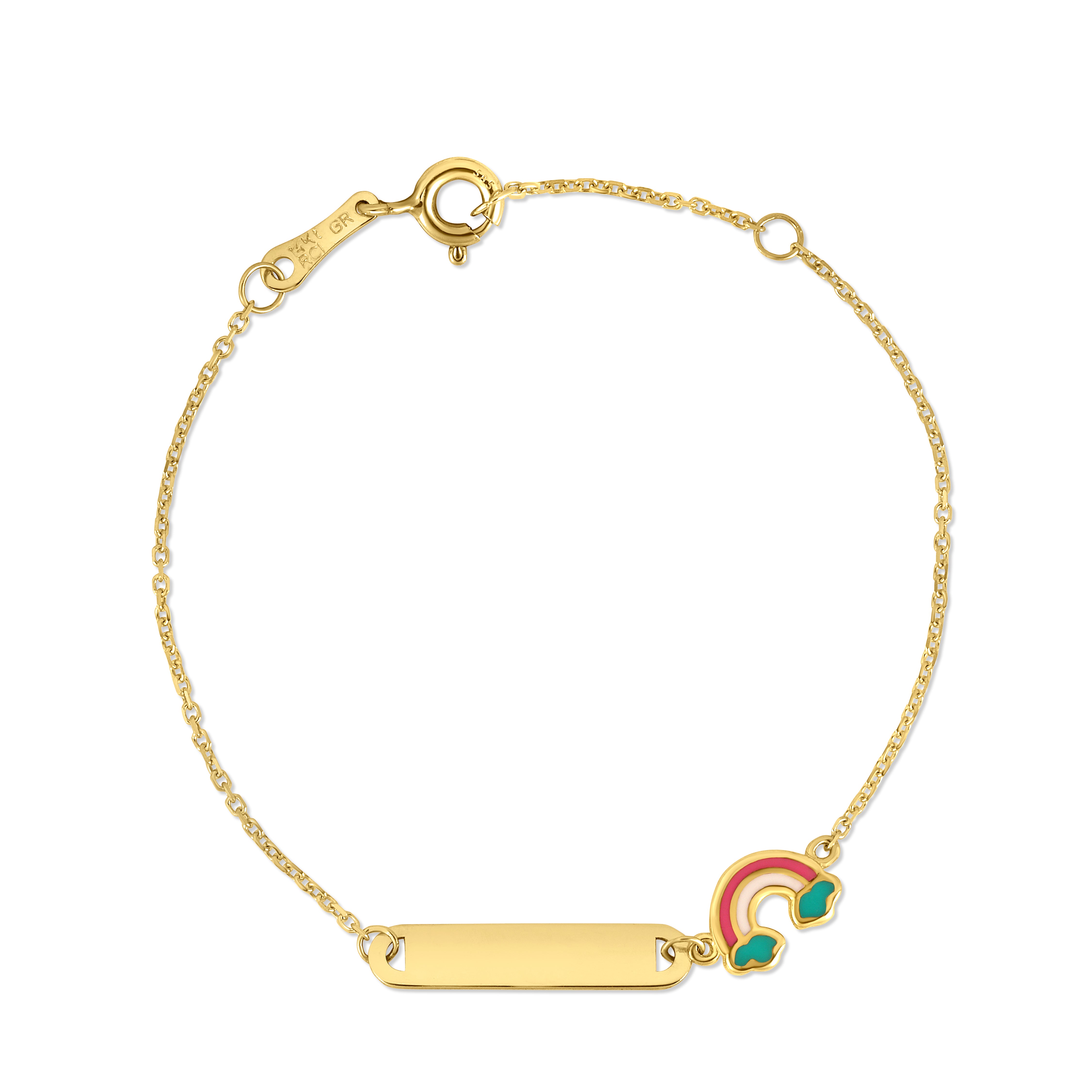 14K Yellow Gold 5.5" Polished Name Plate & Enamel Rainbow Bracelet with Spring Ring Clasp. Jump ring at 4.75"