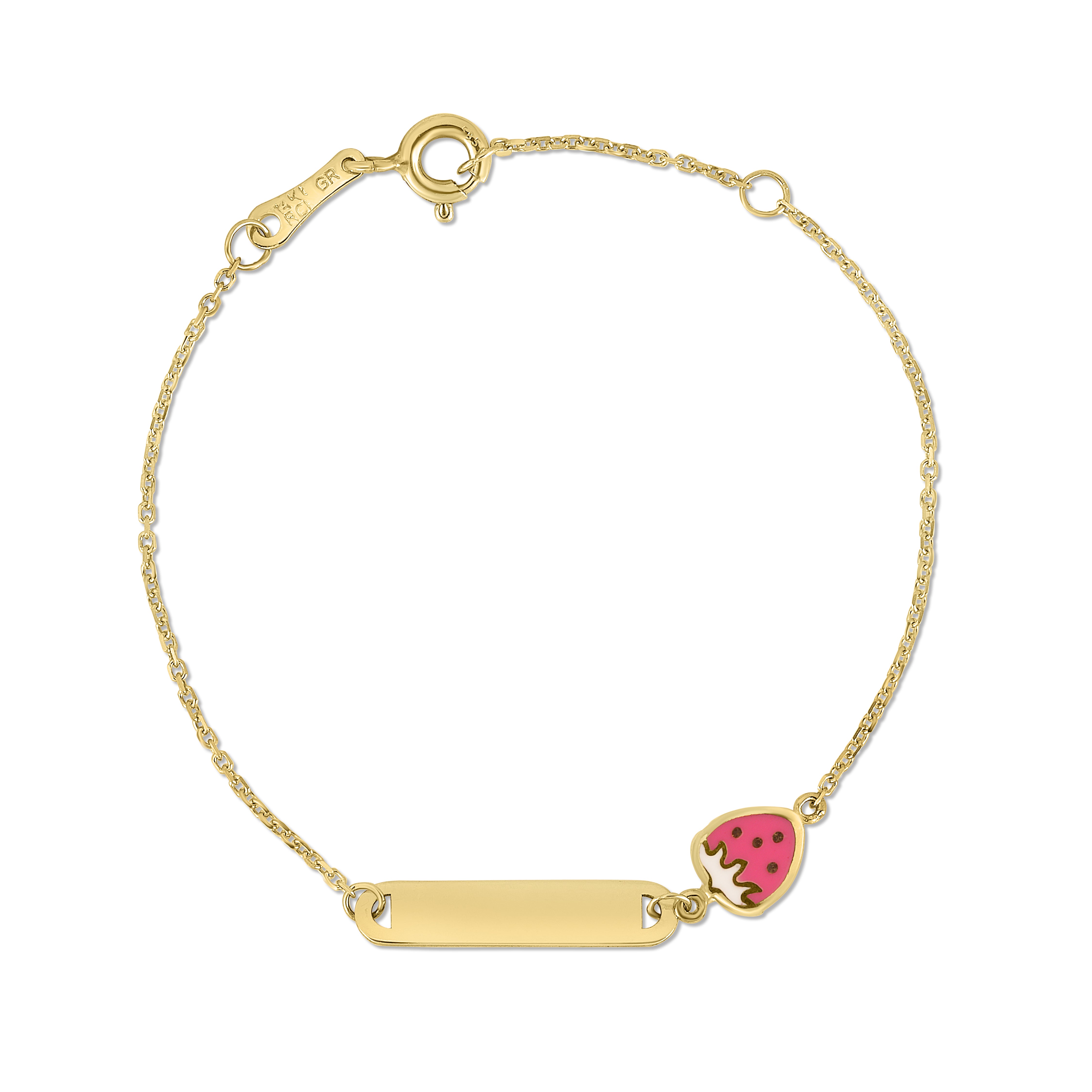 14K Yellow Gold 5.5" Polished Name Plate & Enamel Strawberry Bracelet with Spring Ring Clasp. Jump ring at 4.75"