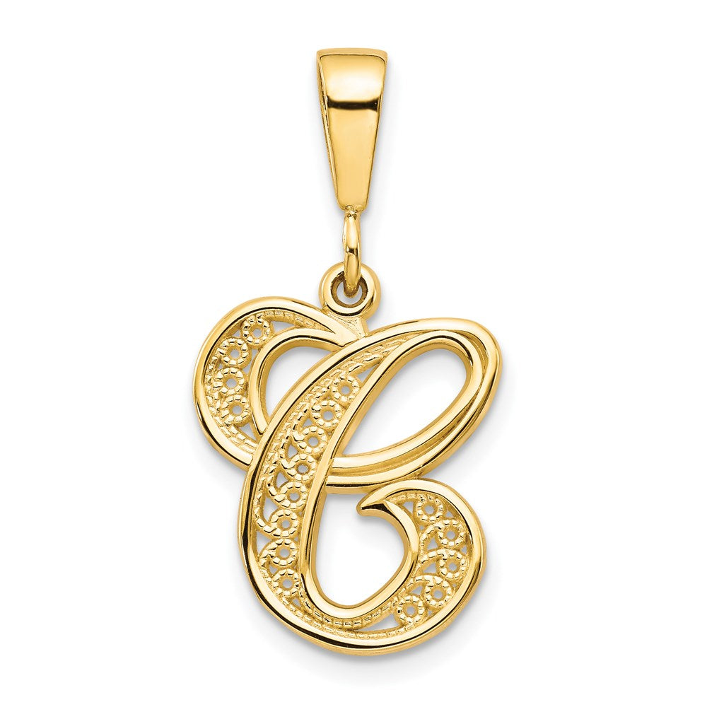 14KY Polished Script Filigree Letter C Initial Pendant