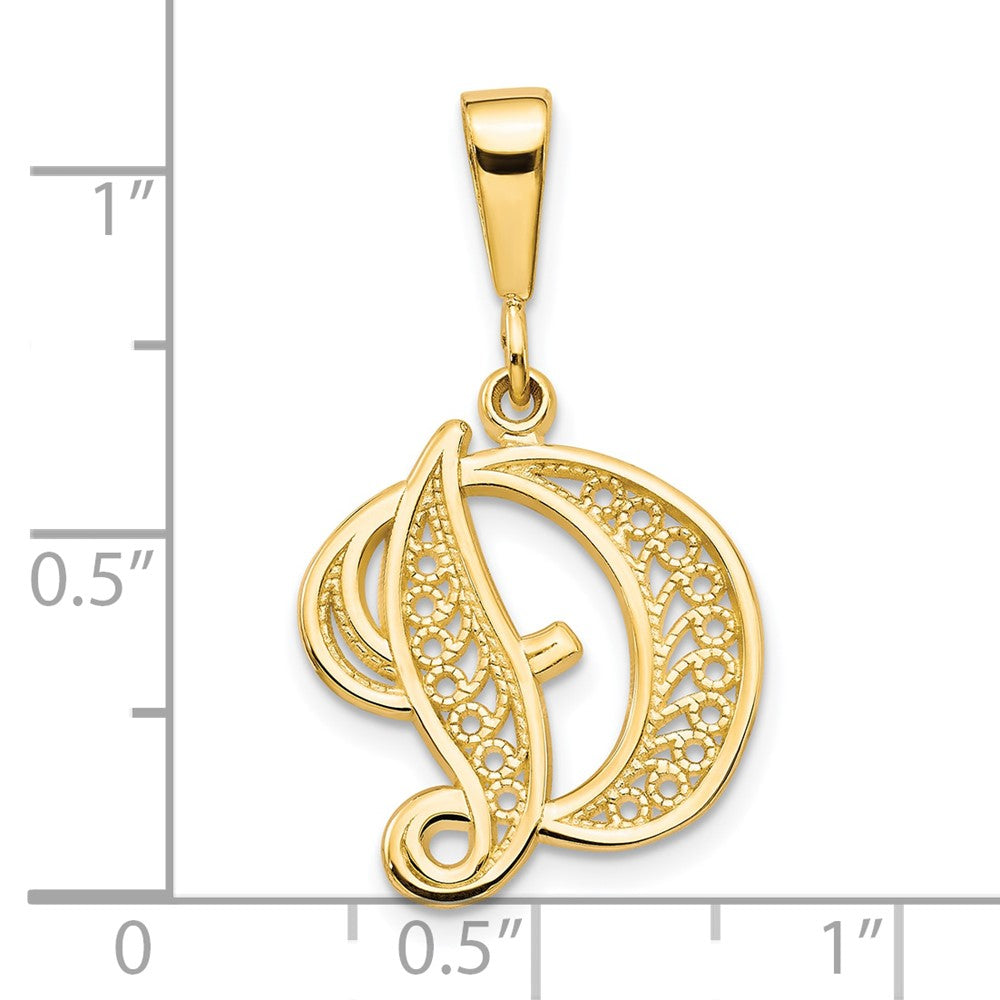 14KY Polished Script Filigree Letter D Initial Pendant