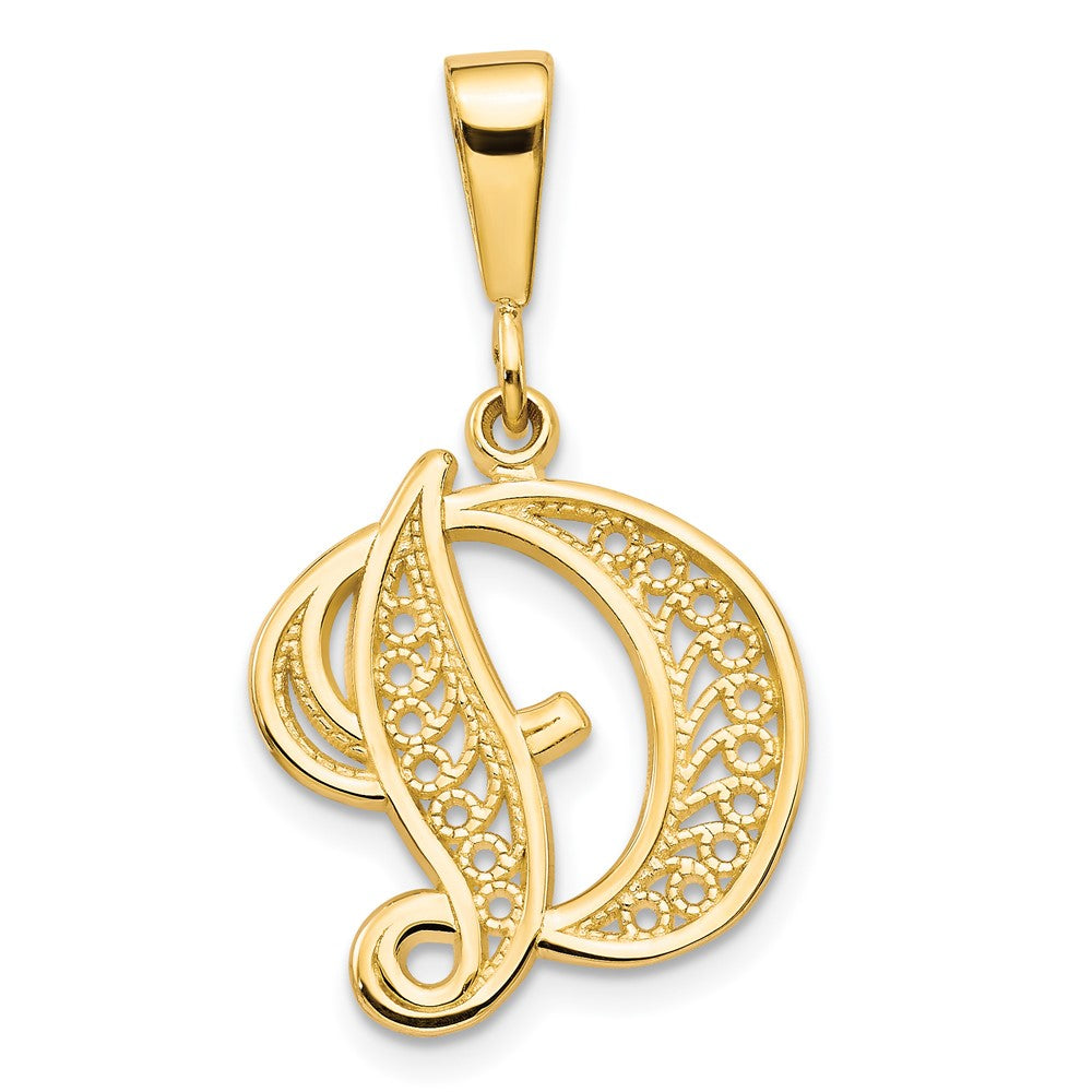 14KY Polished Script Filigree Letter D Initial Pendant