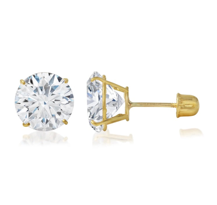 14kt Yellow Gold Round Brilliant Cut Cubic Zirconia Stud Earrings with Screw Backs 4MM - 6MM