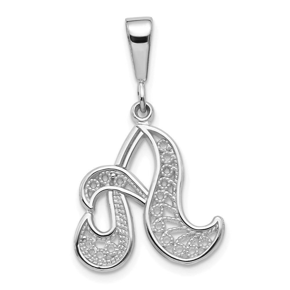 14KW White Gold Solid Polished Script Filigree Letter A Initial Pendant