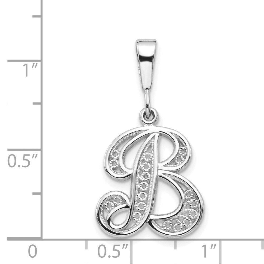 14KW White Gold Solid Polished Script Filigree Letter B Initial Pendant