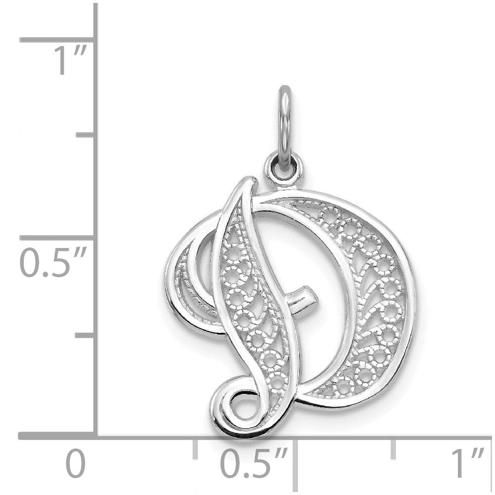 14KW White Gold Solid Polished Script Filigree Letter D Initial Pendant