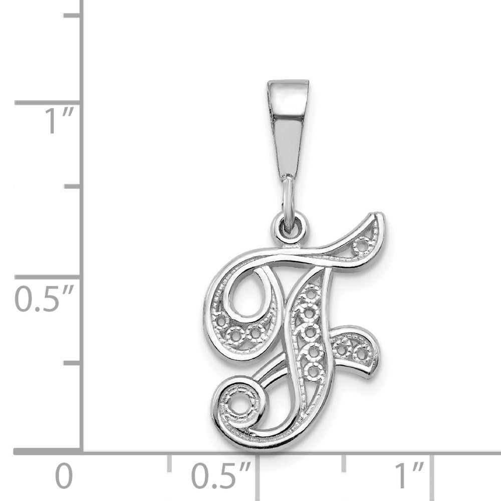 14KW White Gold Solid Polished Script Filigree Letter F Initial Pendant