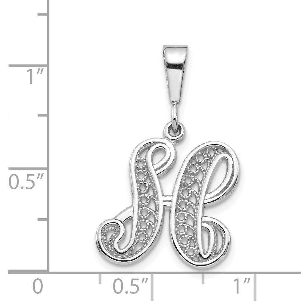 14KW White Gold Solid Polished Script Filigree Letter H Initial Pendant