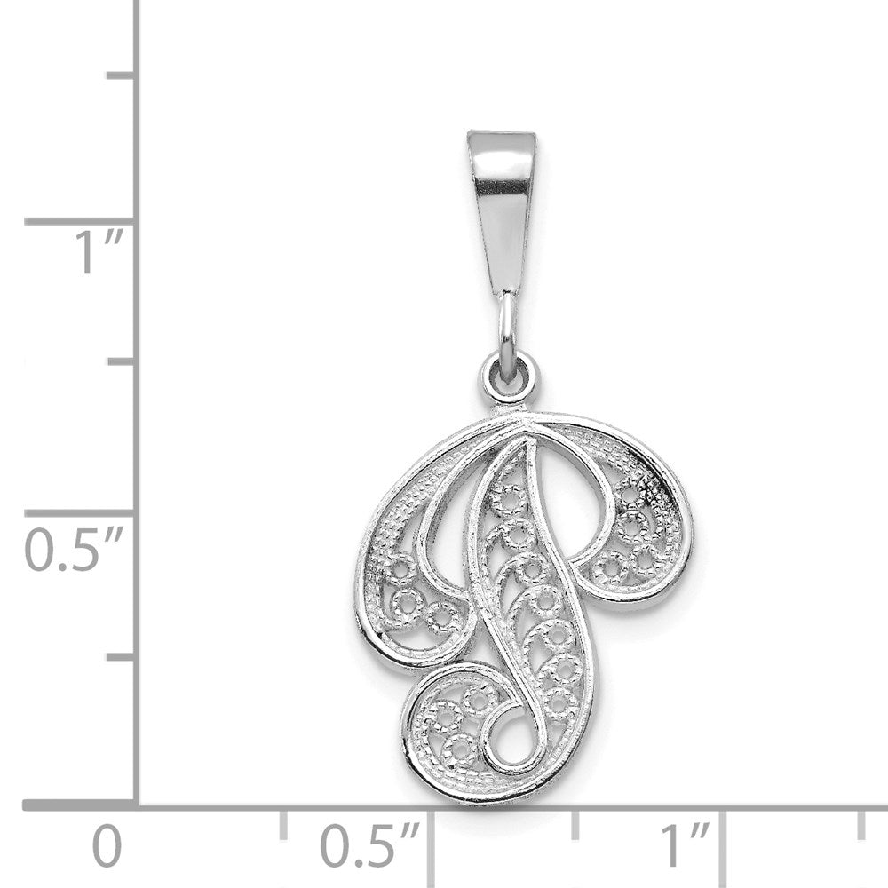 14KW White Gold Solid Polished Script Filigree Letter P Initial Pendant