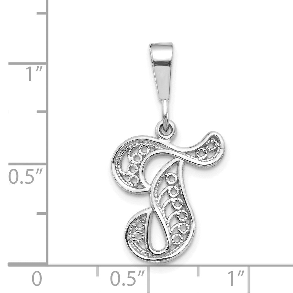 14KW White Gold Solid Polished Script Filigree Letter T Initial Pendant