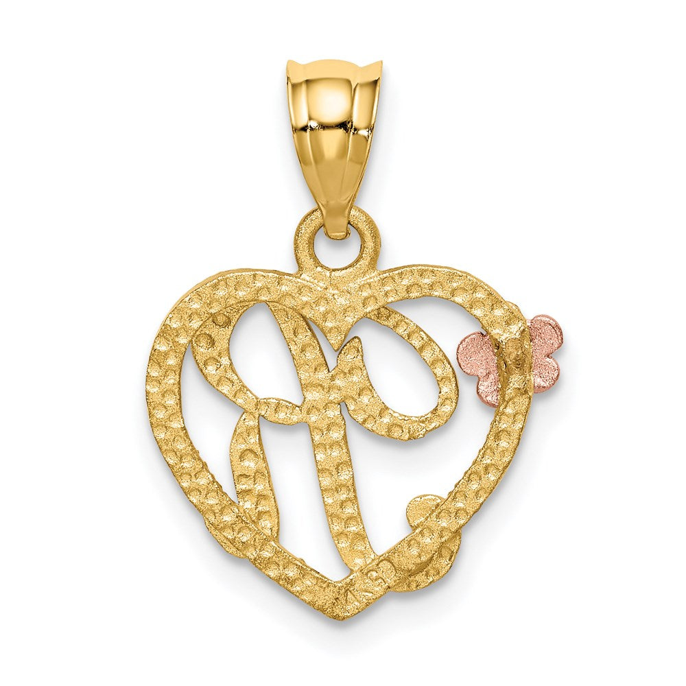 14k Two-Tone Heart Letter R  Initial Pendant