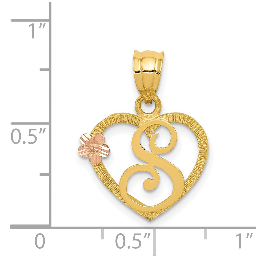 14k Two-Tone Heart Letter S  Initial Pendant