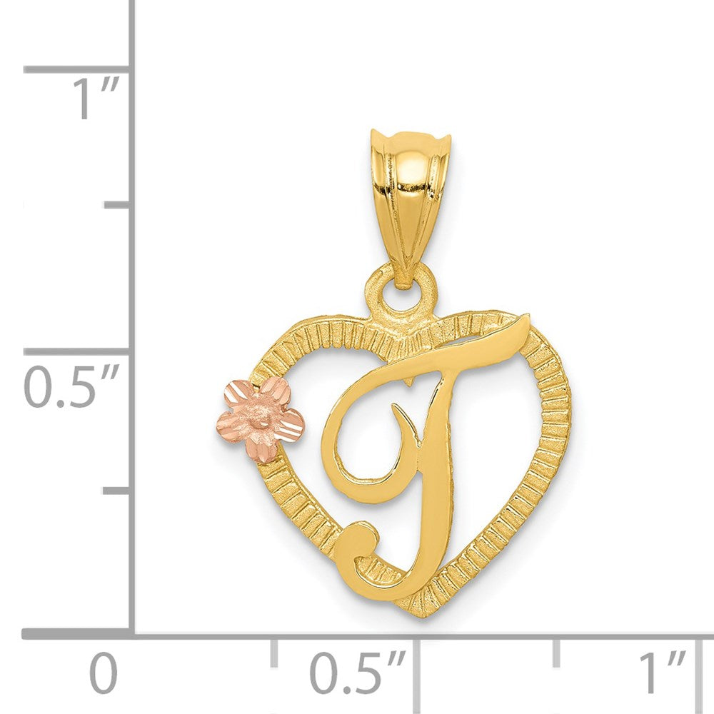 14k Two-Tone Heart Letter T  Initial Pendant