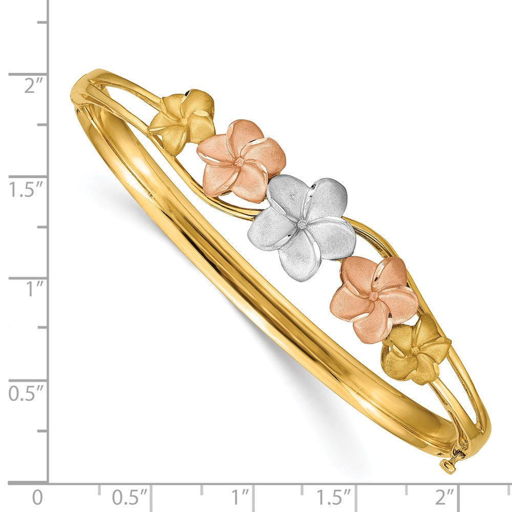 14k Tri-color Plumeria Hinged Bangle