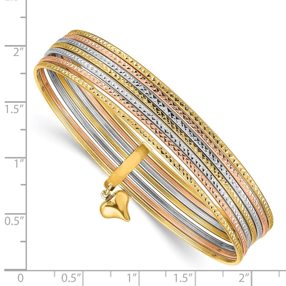 14K w/Dangle Heart Tri-color Oversized Set of 7 Textured Slip-on Bangles