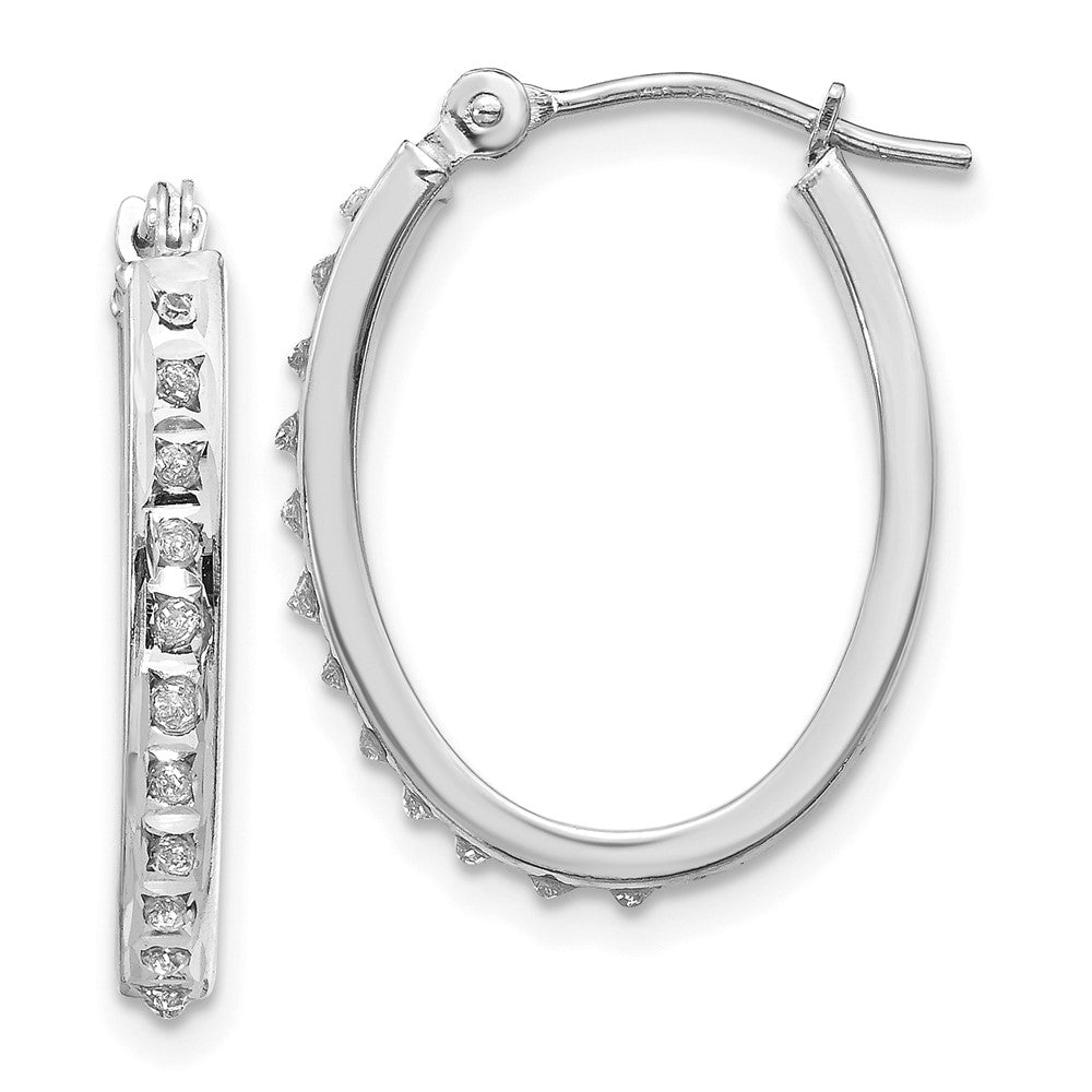 14k White Gold Diamond Fascination Oval Hinged Hoop Earrings