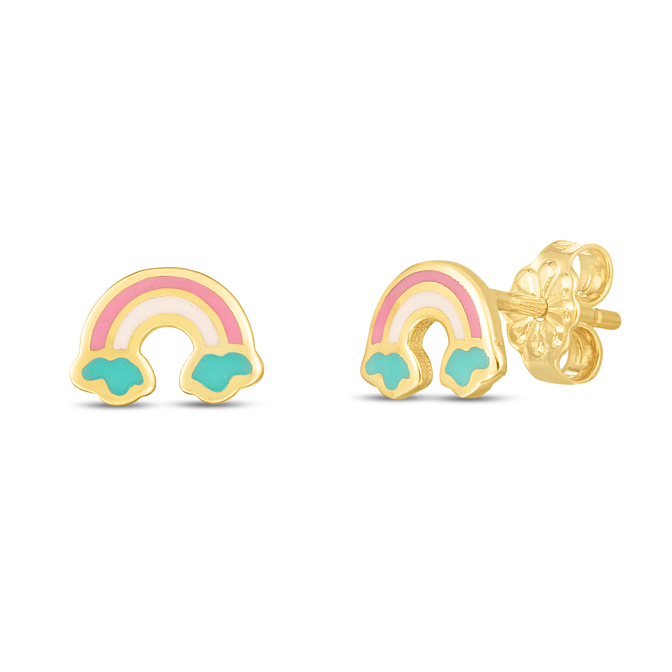 14K Yellow Gold Polished Rainbow Enamel Stud Earrings with Push Back Clasp