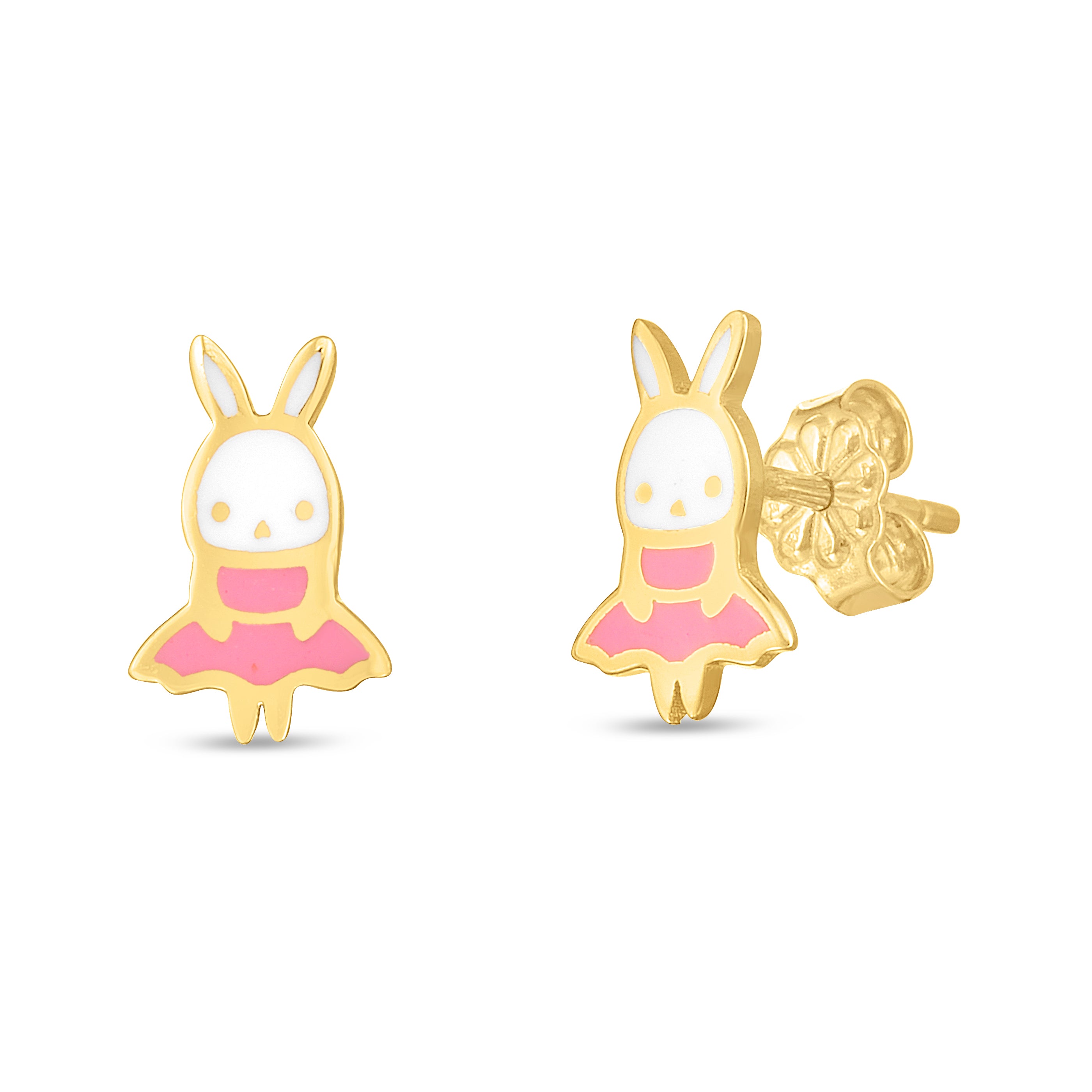 14K Yellow Gold Polished Bunny Enamel Stud Earrings with Push Back Clasp