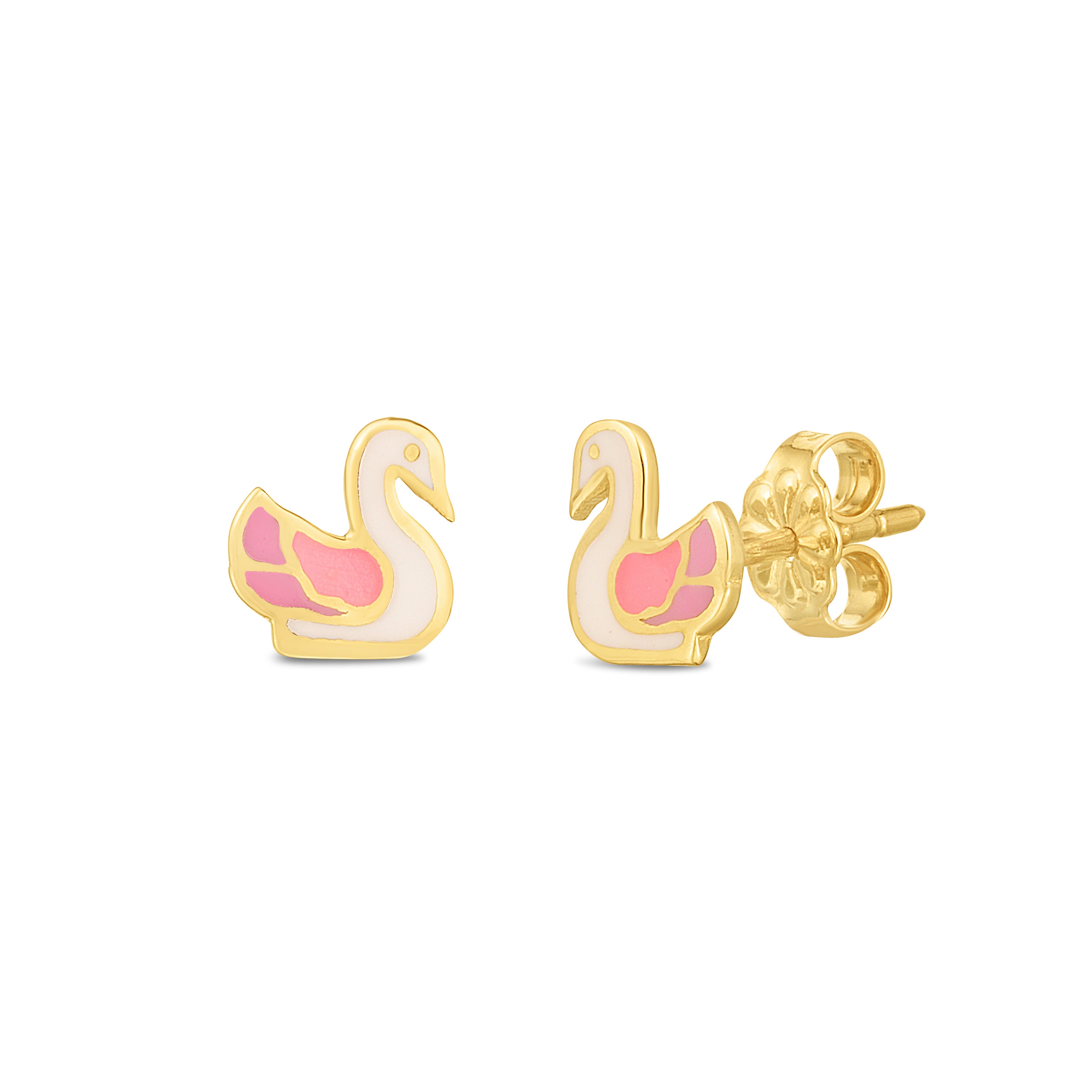 14K Yellow Gold Polished Swan Enamel Stud Earrings with Push Back Clasp