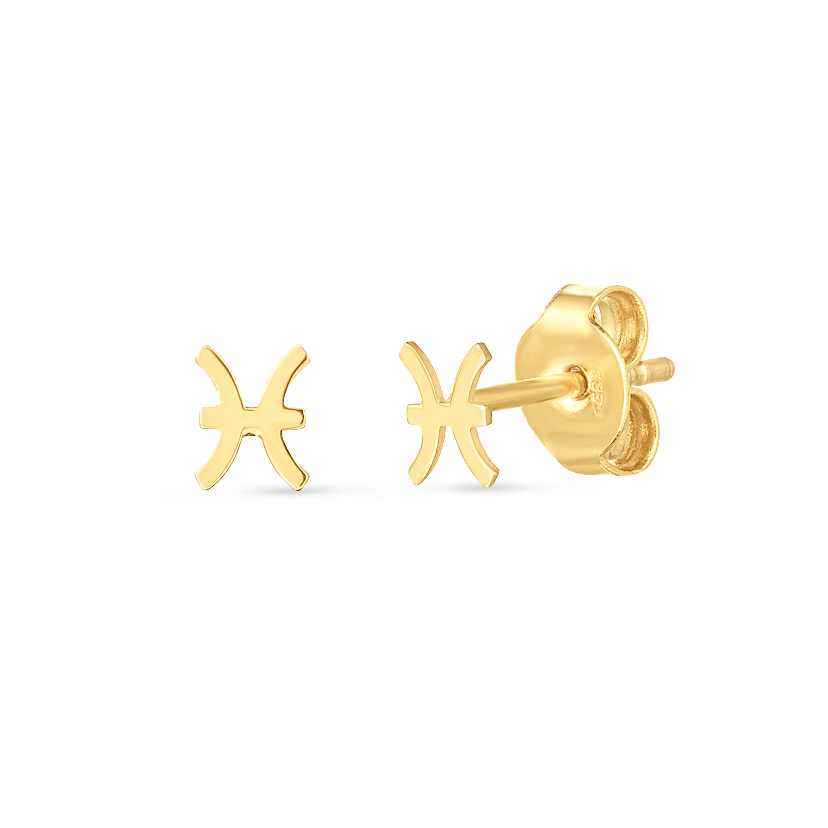 14K Yellow Gold Pisces Studs with Push Back Clasp.