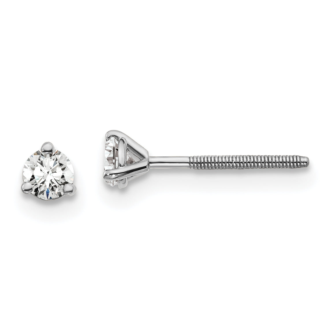 14k White Gold 1/5 carat total weight VS/SI DEF Round Certified Lab Grown Diamond Screw Back 3 Prong Stud Post Earrings