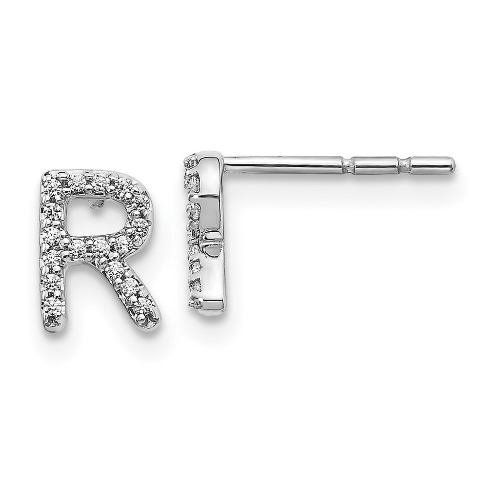 14K White Gold Lab Grown VS/SI FGH Dia Letter R Initial Post Earrings