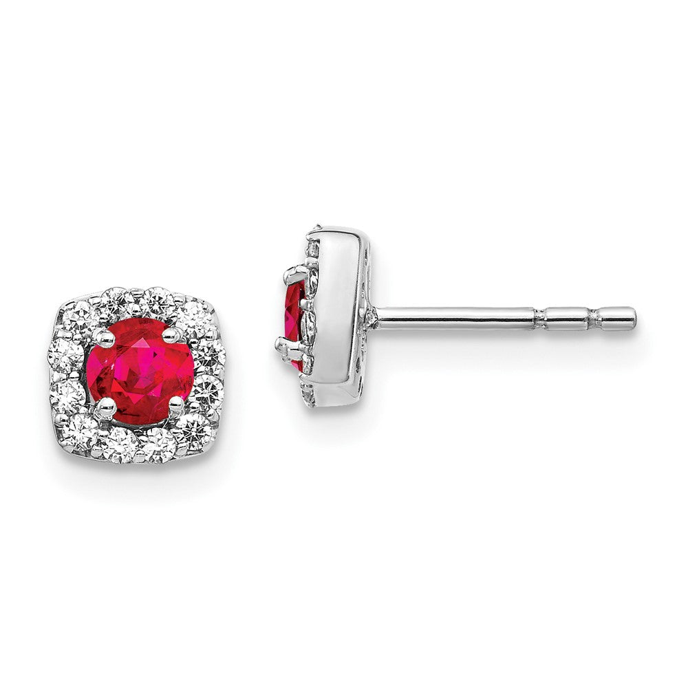 14K White Gold Lab Grown VS/SI FGH Dia and Cr Ruby Square Halo Earrings