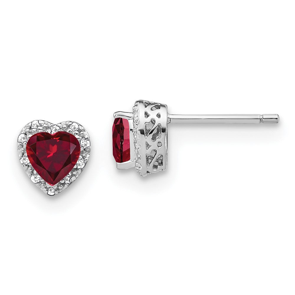 14k White Gold Lab Grown VS/SI FGH Dia and Cr Ruby Halo Heart Post Earrings