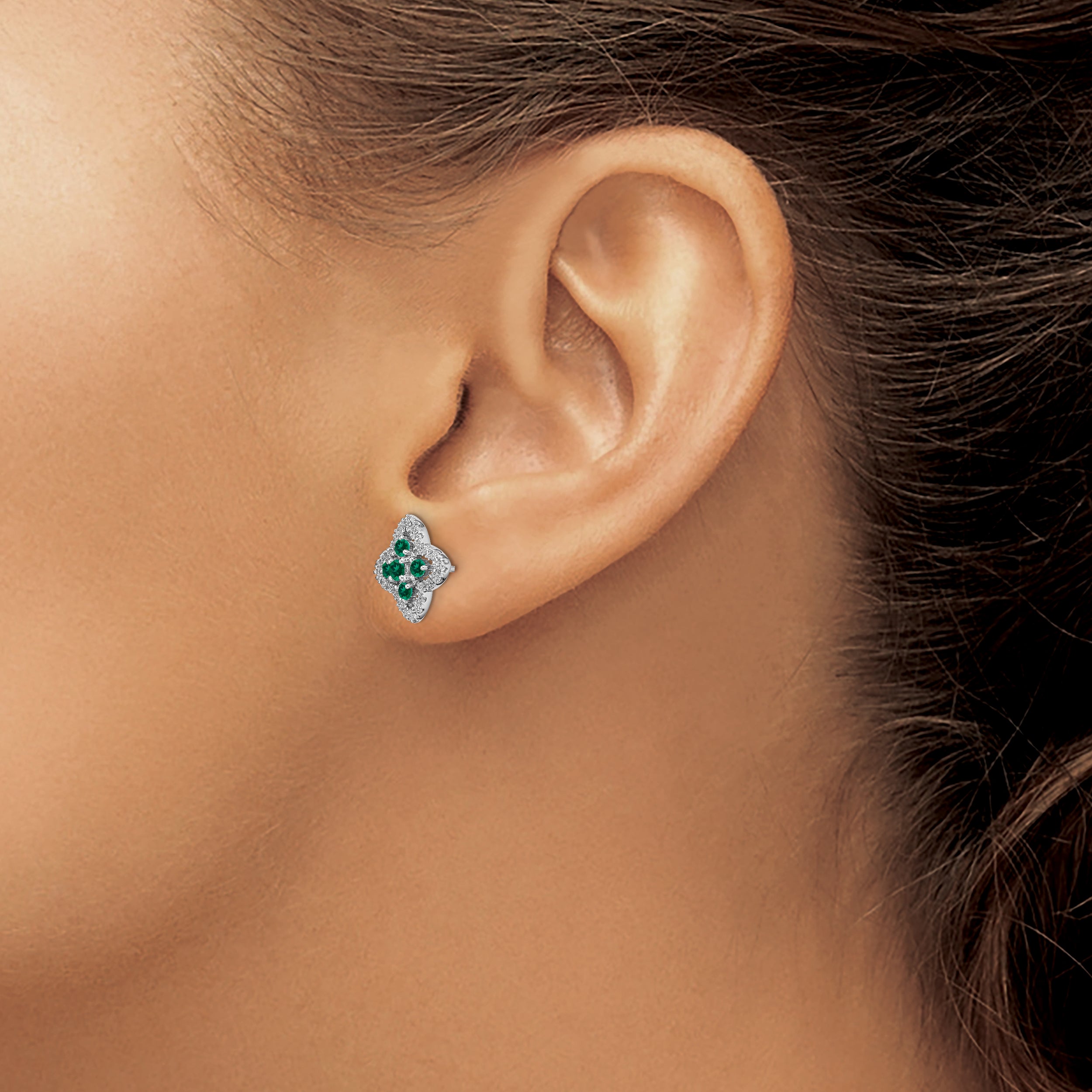 14K White Gold Lab Grown VS/SI FGH Dia and Created Emerald Earrings