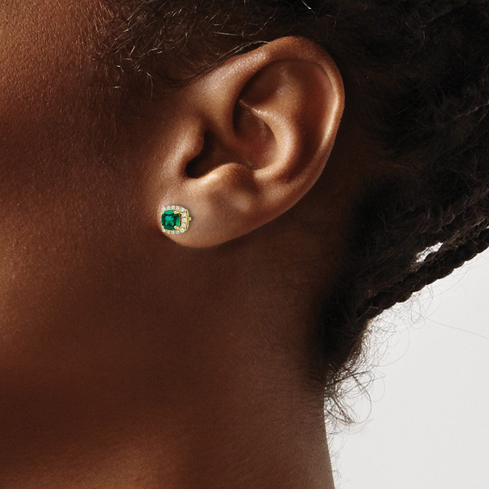 10K Lab Grown VS/SI FGH Dia & Created Emerald Halo Post Earrings